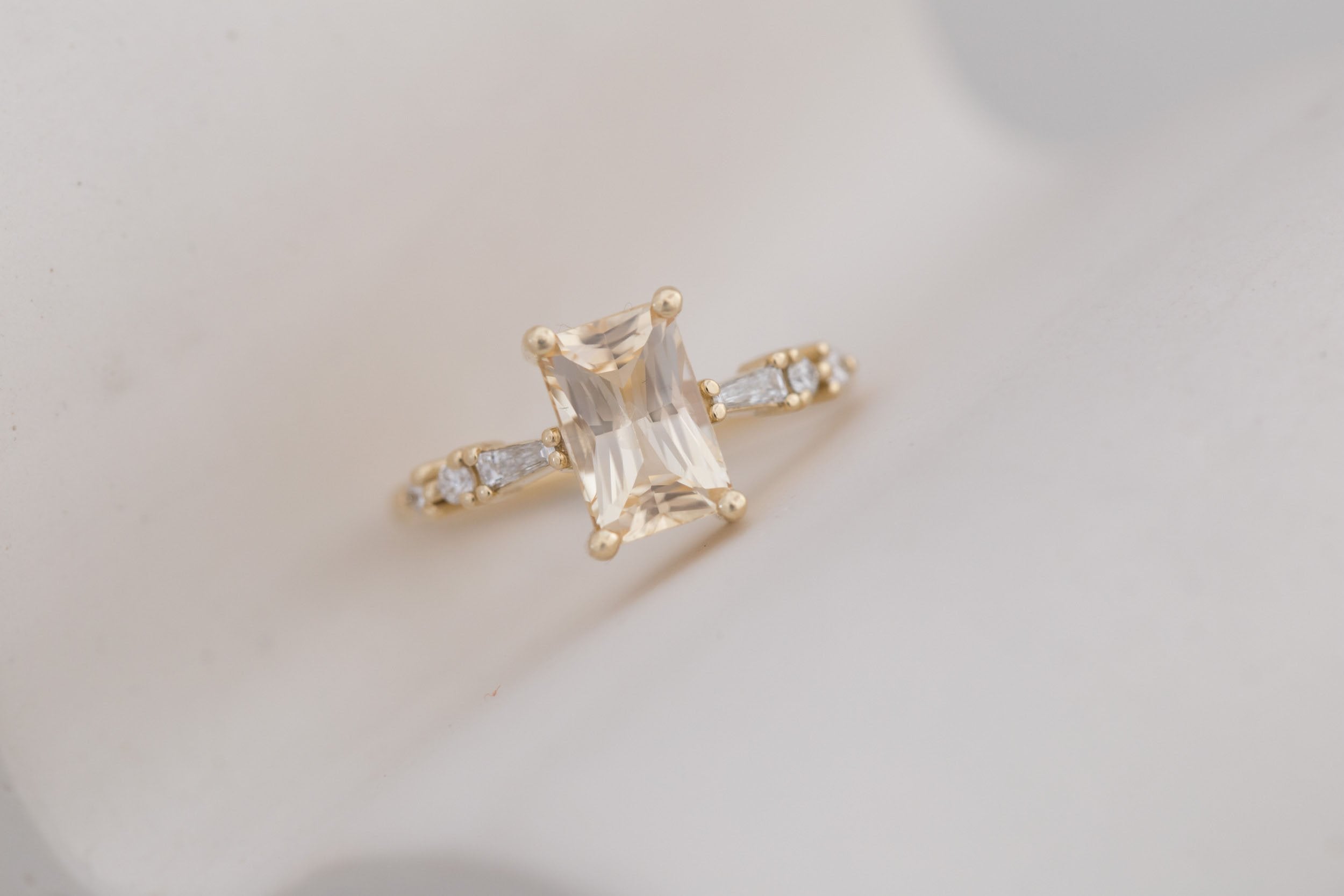 Liesel Ring | Apricot Radiant Cut Sapphire + Diamond Baguette Accent Engagement Ring 2.20 ct | 14k Recycled Gold | One of a Kind