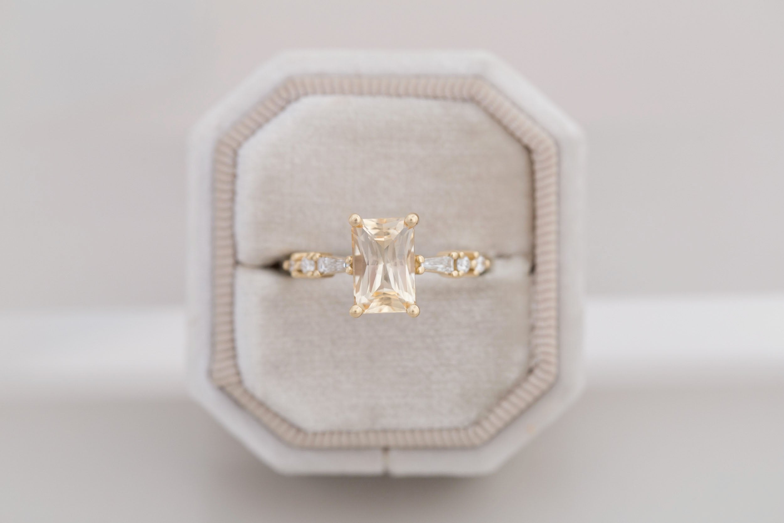 Liesel Ring | Apricot Radiant Cut Sapphire + Diamond Baguette Accent Engagement Ring 2.20 ct | 14k Recycled Gold | One of a Kind