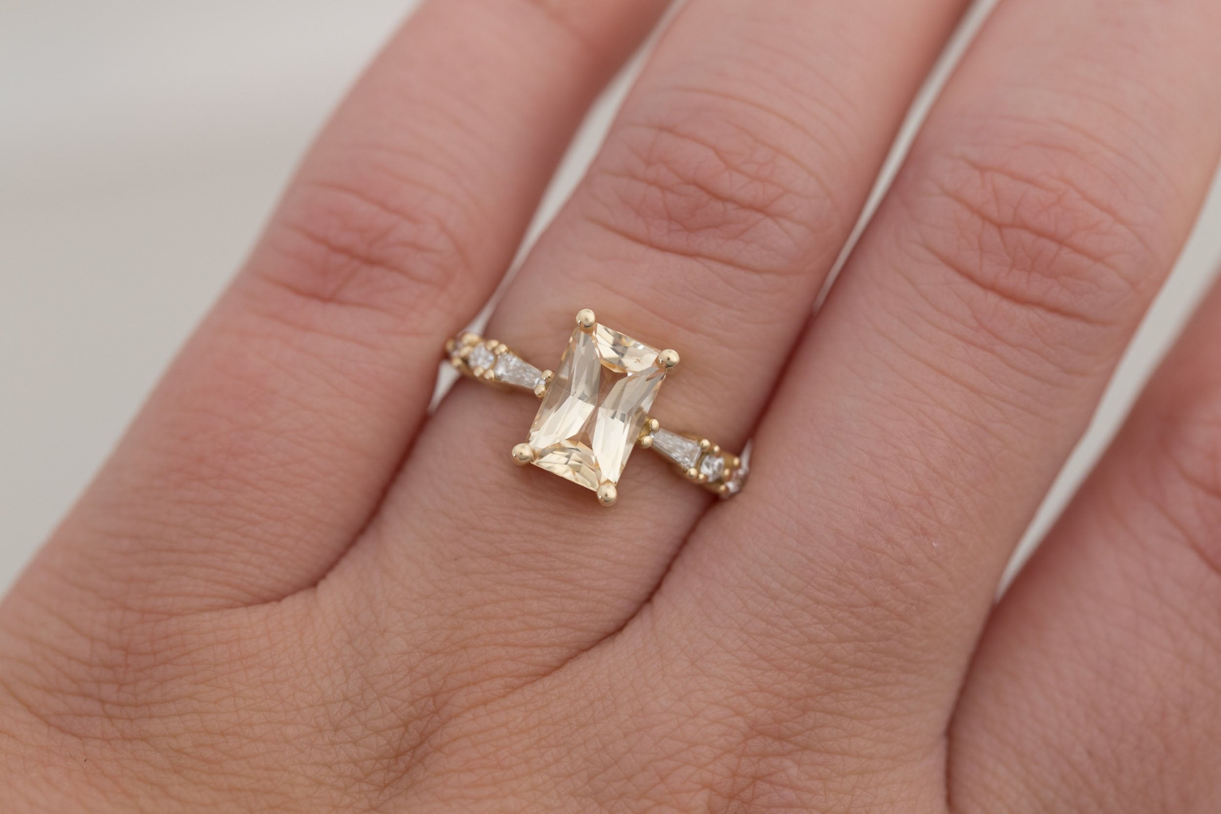 Liesel Ring | Apricot Radiant Cut Sapphire + Diamond Baguette Accent Engagement Ring 2.20 ct | 14k Recycled Gold | One of a Kind