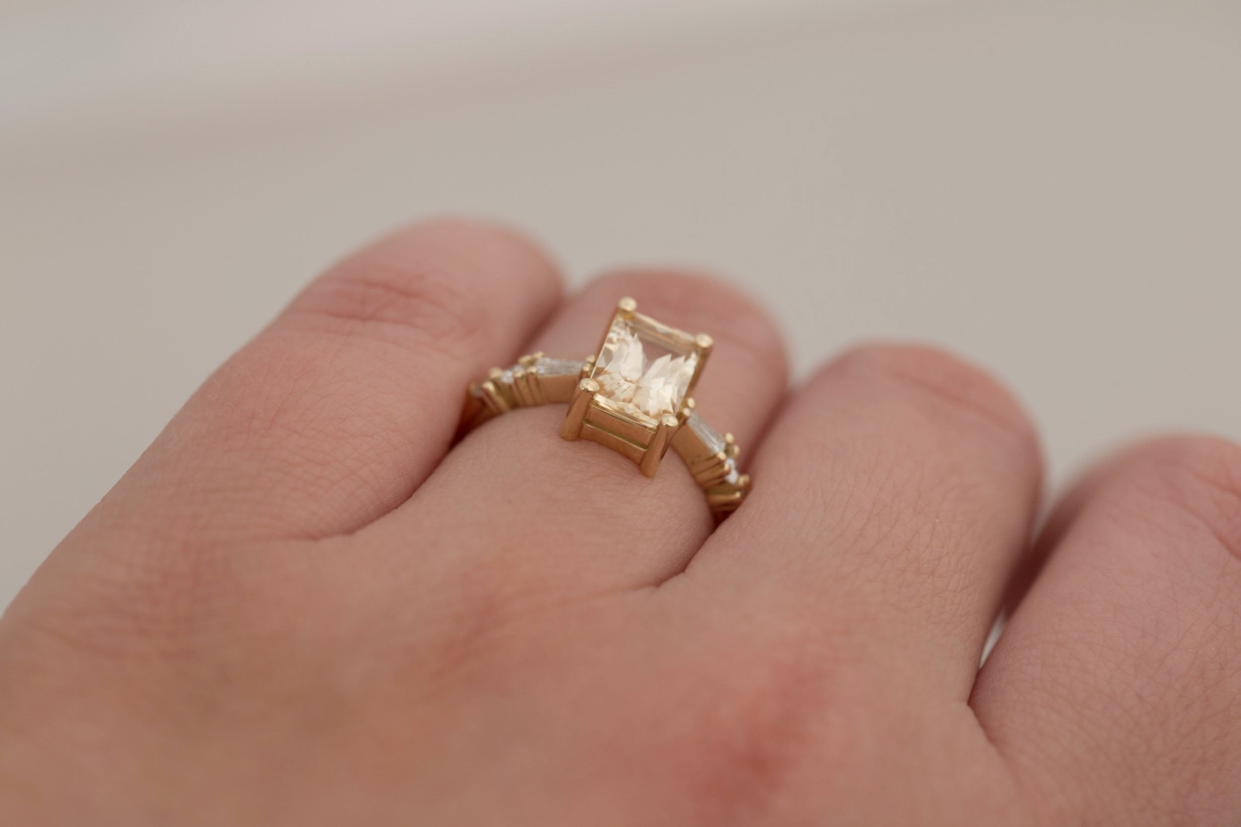 Liesel Ring | Apricot Radiant Cut Sapphire + Diamond Baguette Accent Engagement Ring 2.20 ct | 14k Recycled Gold | One of a Kind