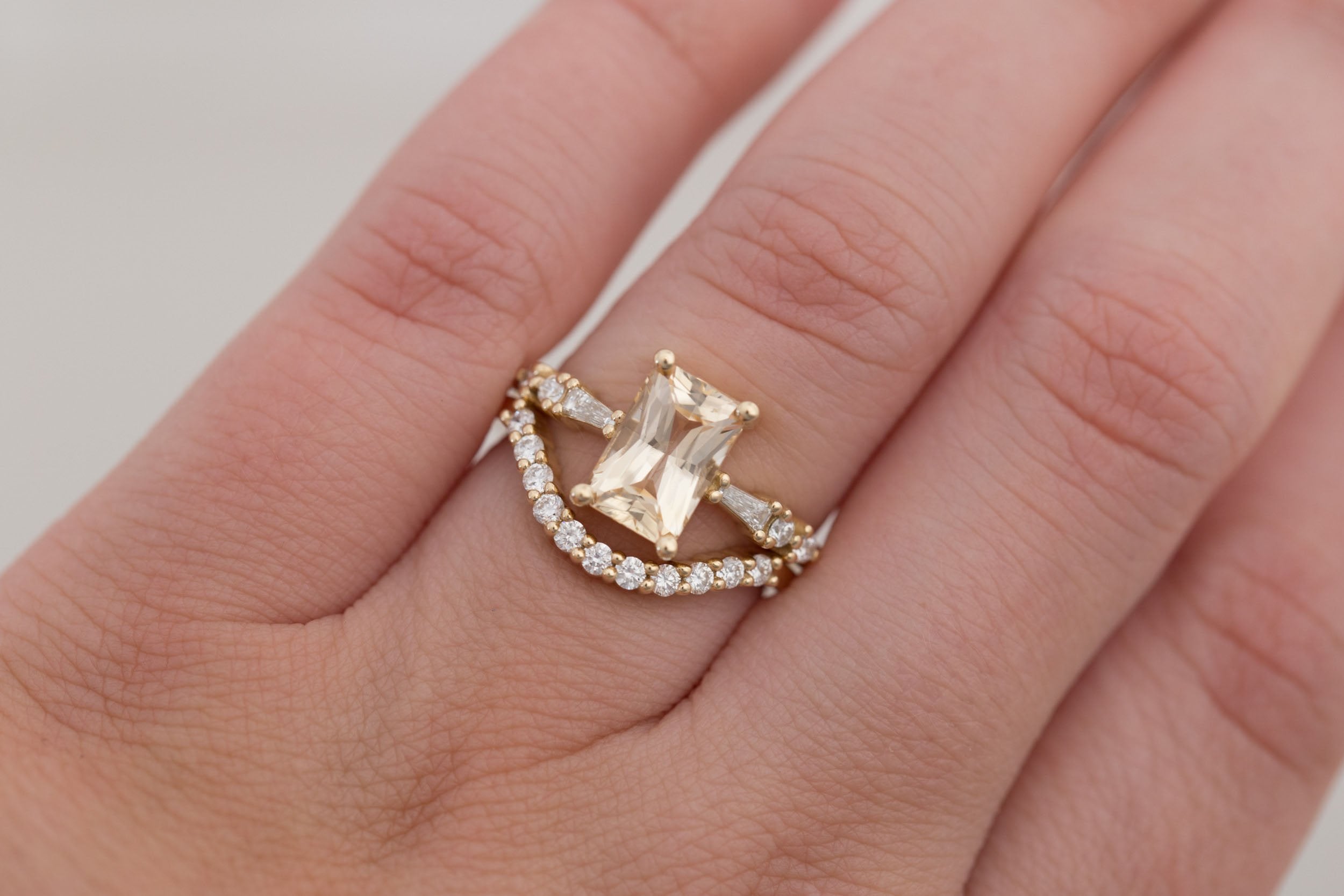 Liesel Ring | Apricot Radiant Cut Sapphire + Diamond Baguette Accent Engagement Ring 2.20 ct | 14k Recycled Gold | One of a Kind