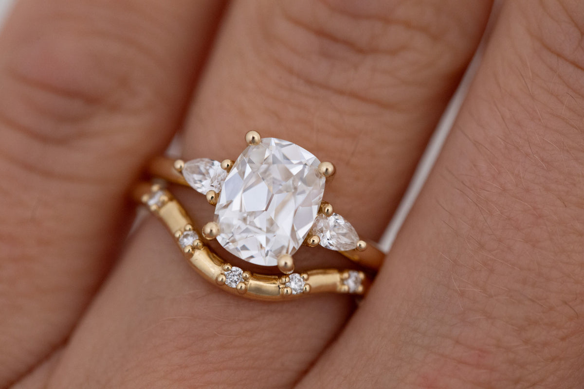 Iris Ring | Lab Antique Cut Cushion Diamond + Pear Diamond Accent Engagement Ring 2.20 ct | 14k Recycled Gold | One of a Kind