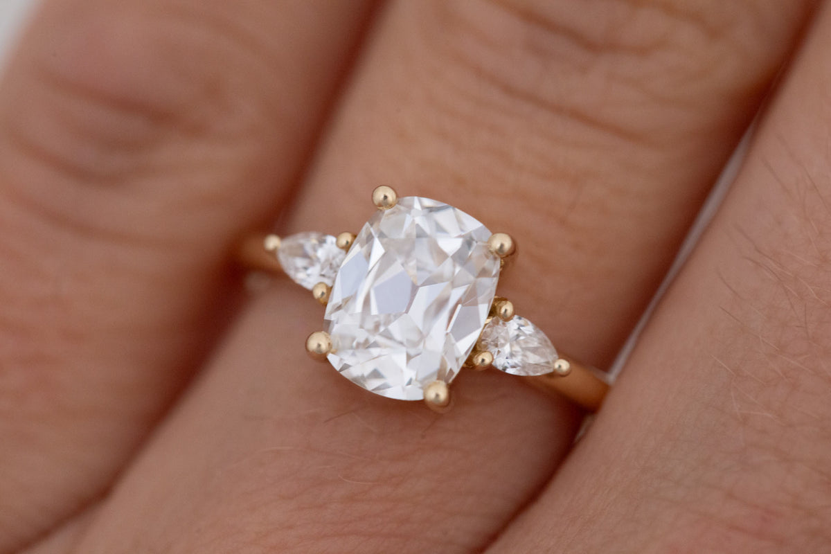 Iris Ring | Lab Antique Cut Cushion Diamond + Pear Diamond Accent Engagement Ring 2.20 ct | 14k Recycled Gold | One of a Kind