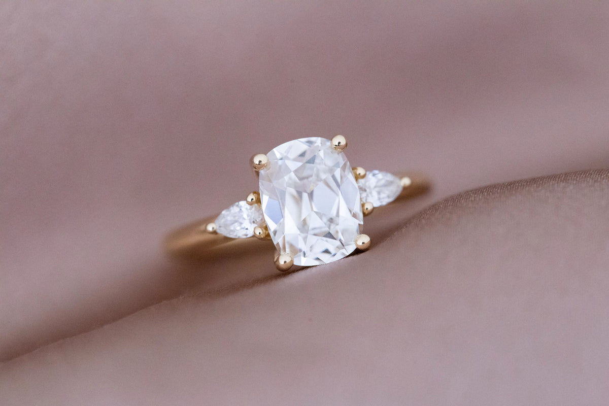 Iris Ring | Lab Antique Cut Cushion Diamond + Pear Diamond Accent Engagement Ring 2.20 ct | 14k Recycled Gold | One of a Kind