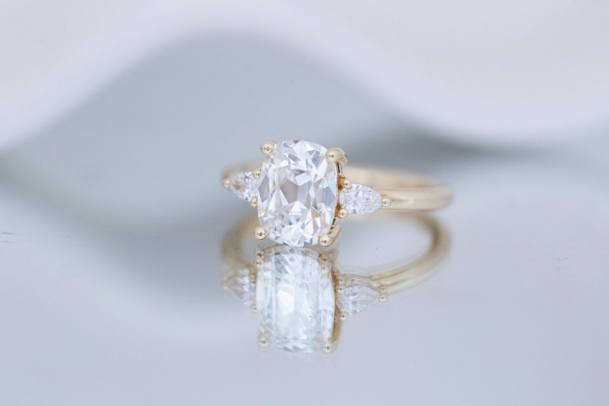 Iris Ring | Lab Antique Cut Cushion Diamond + Pear Diamond Accent Engagement Ring 2.20 ct | 14k Recycled Gold | One of a Kind