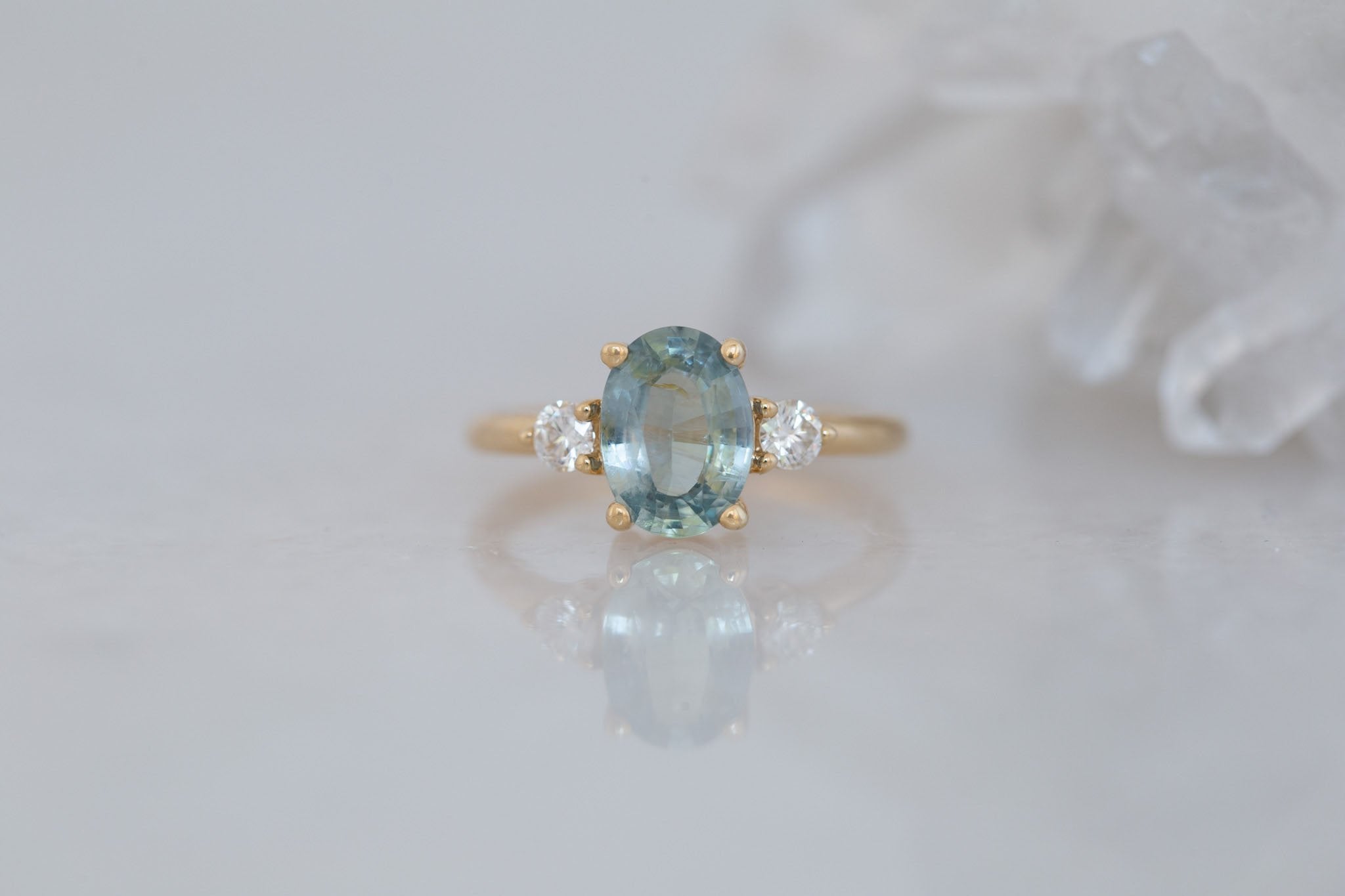 Maeve Ring | Mint Green Oval Sapphire + Round Diamond Accent Engagement Ring 2.21 ct | 14k Recycled Gold | One of a Kind