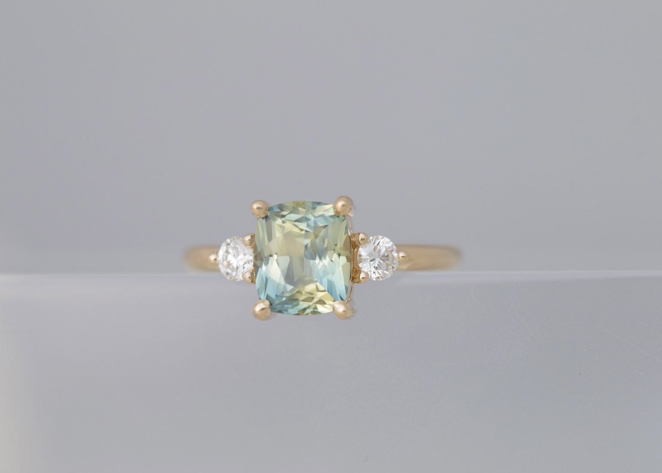Maeve Ring | Bicolor Cushion Sapphire + Round Diamond Accent Engagement Ring 2.23 ct | 14k Recycled Gold | One of a Kind