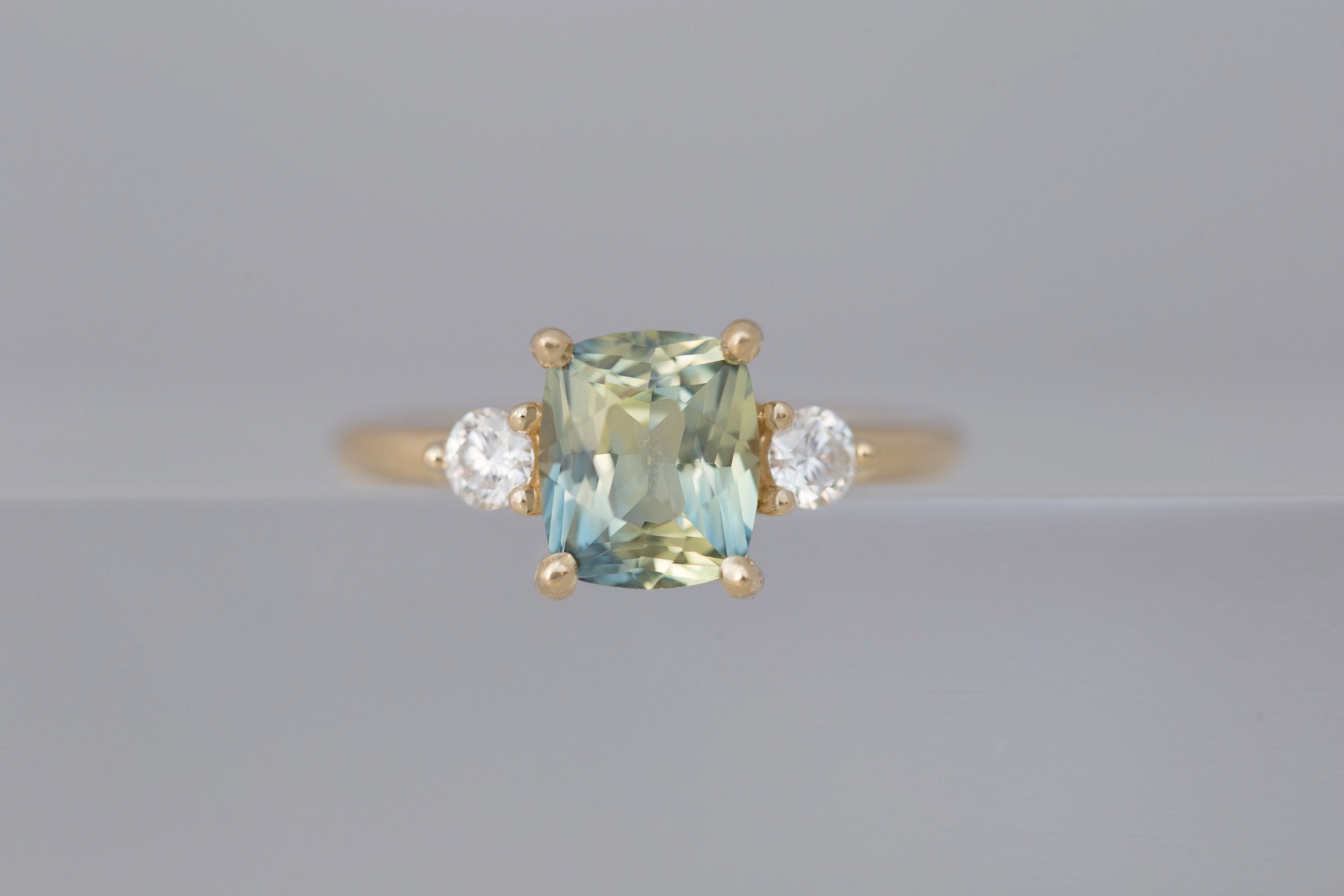 Maeve Ring | Bicolor Cushion Sapphire + Round Diamond Accent Engagement Ring 2.23 ct | 14k Recycled Gold | One of a Kind