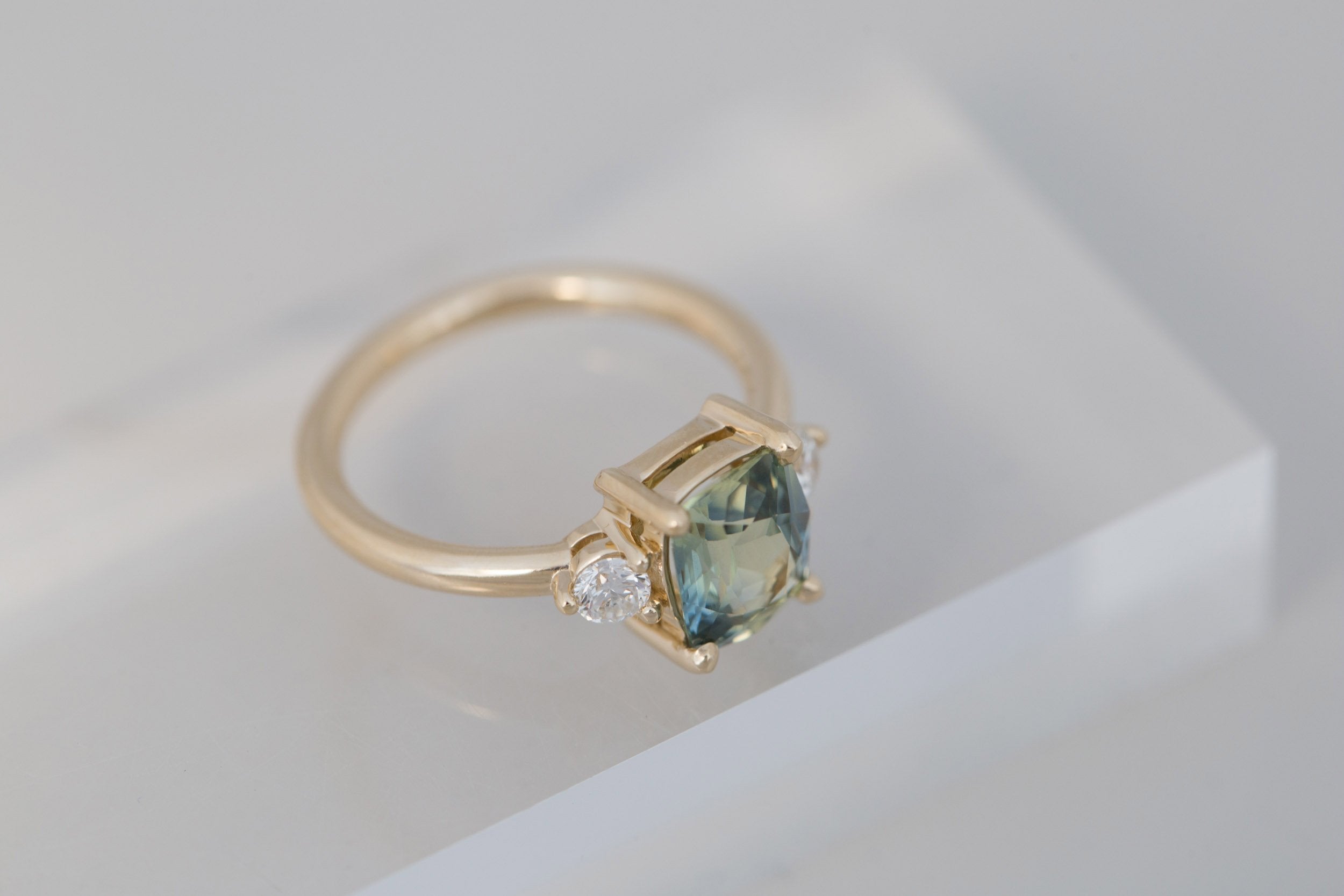 Maeve Ring | Bicolor Cushion Sapphire + Round Diamond Accent Engagement Ring 2.23 ct | 14k Recycled Gold | One of a Kind