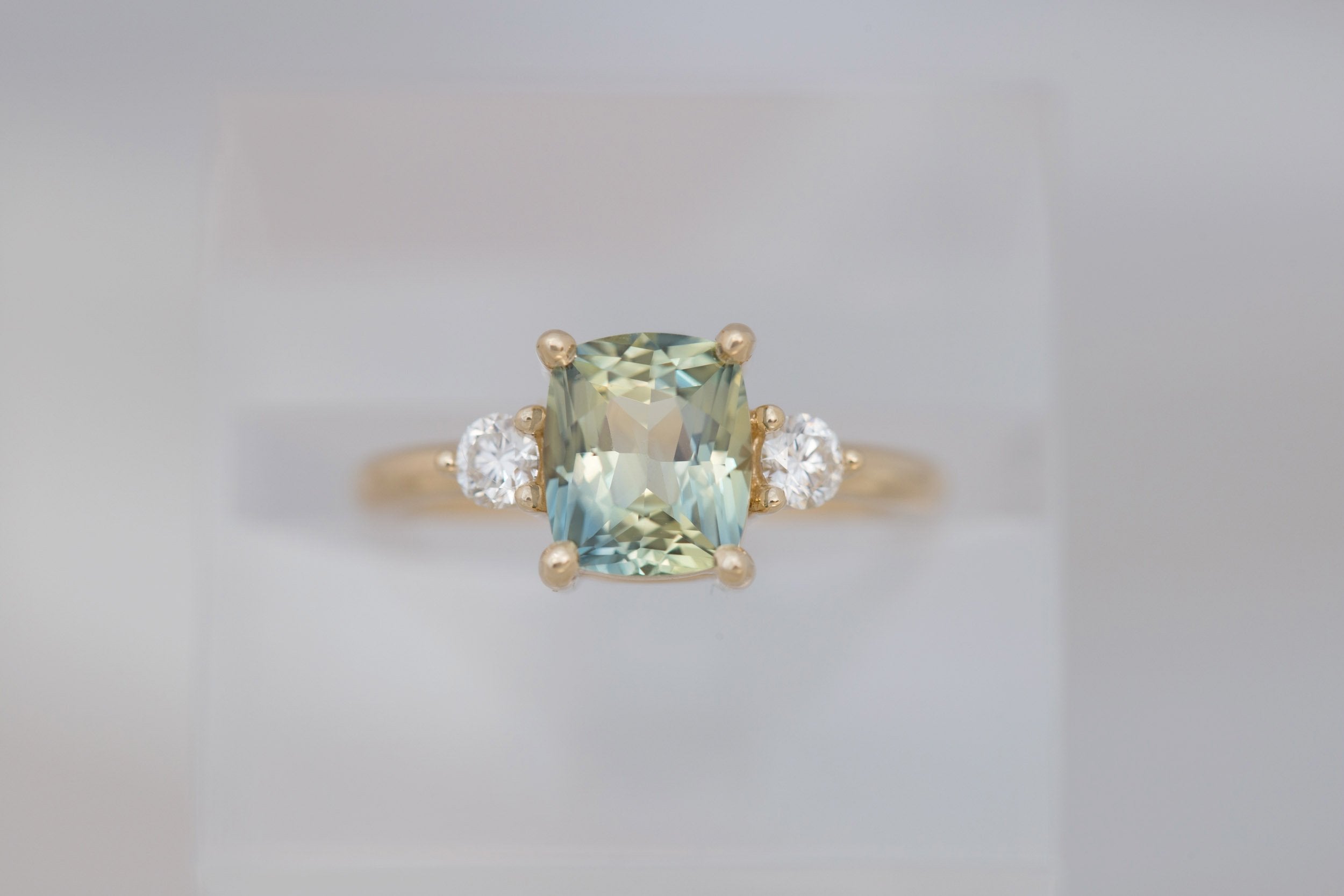Maeve Ring | Bicolor Cushion Sapphire + Round Diamond Accent Engagement Ring 2.23 ct | 14k Recycled Gold | One of a Kind