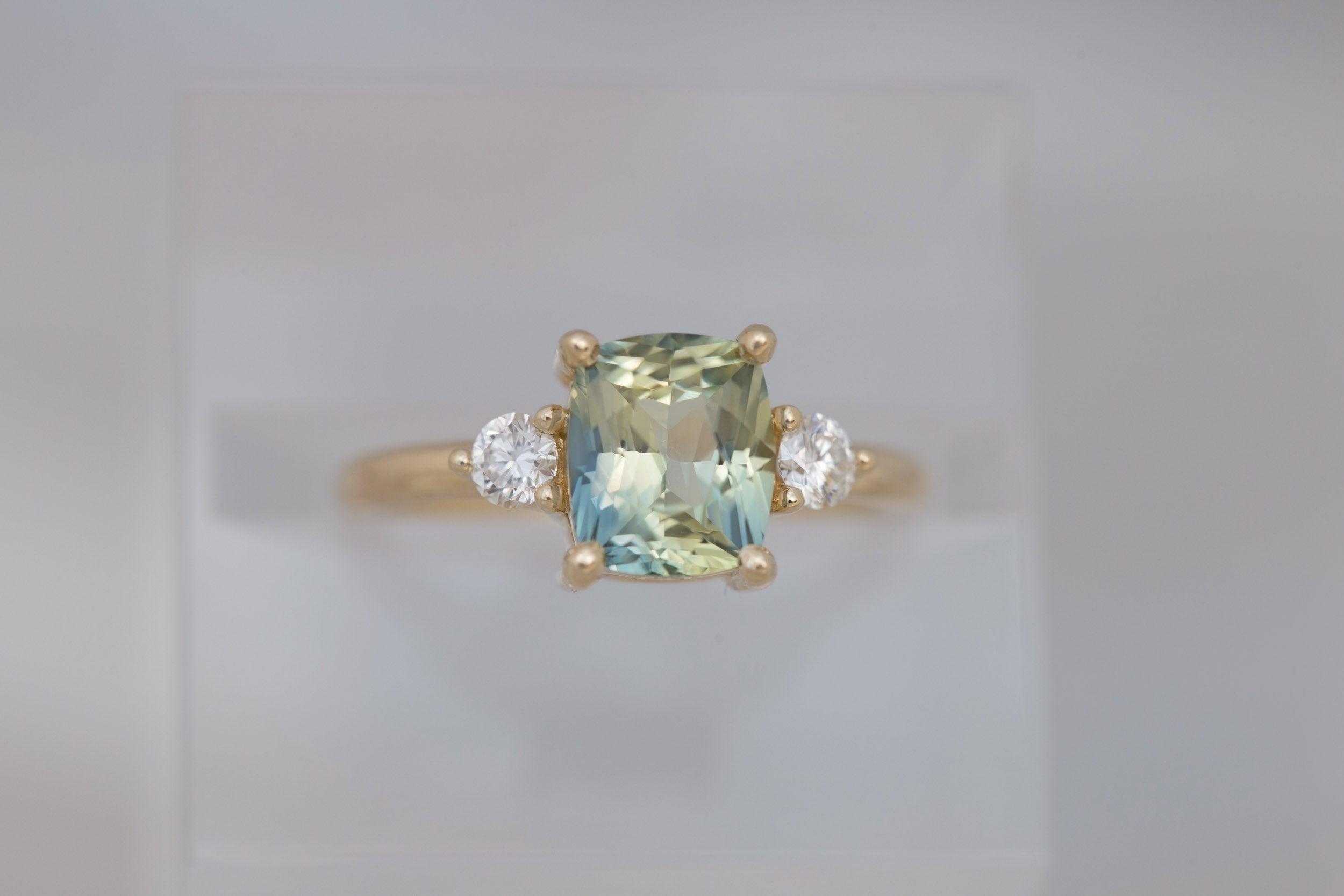 Maeve Ring | Bicolor Cushion Sapphire + Round Diamond Accent Engagement Ring 2.23 ct | 14k Recycled Gold | One of a Kind