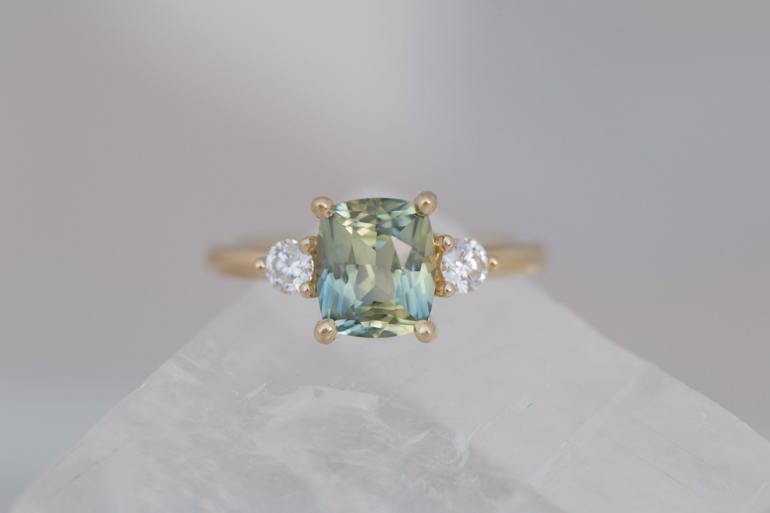 Maeve Ring | Bicolor Cushion Sapphire + Round Diamond Accent Engagement Ring 2.23 ct | 14k Recycled Gold | One of a Kind