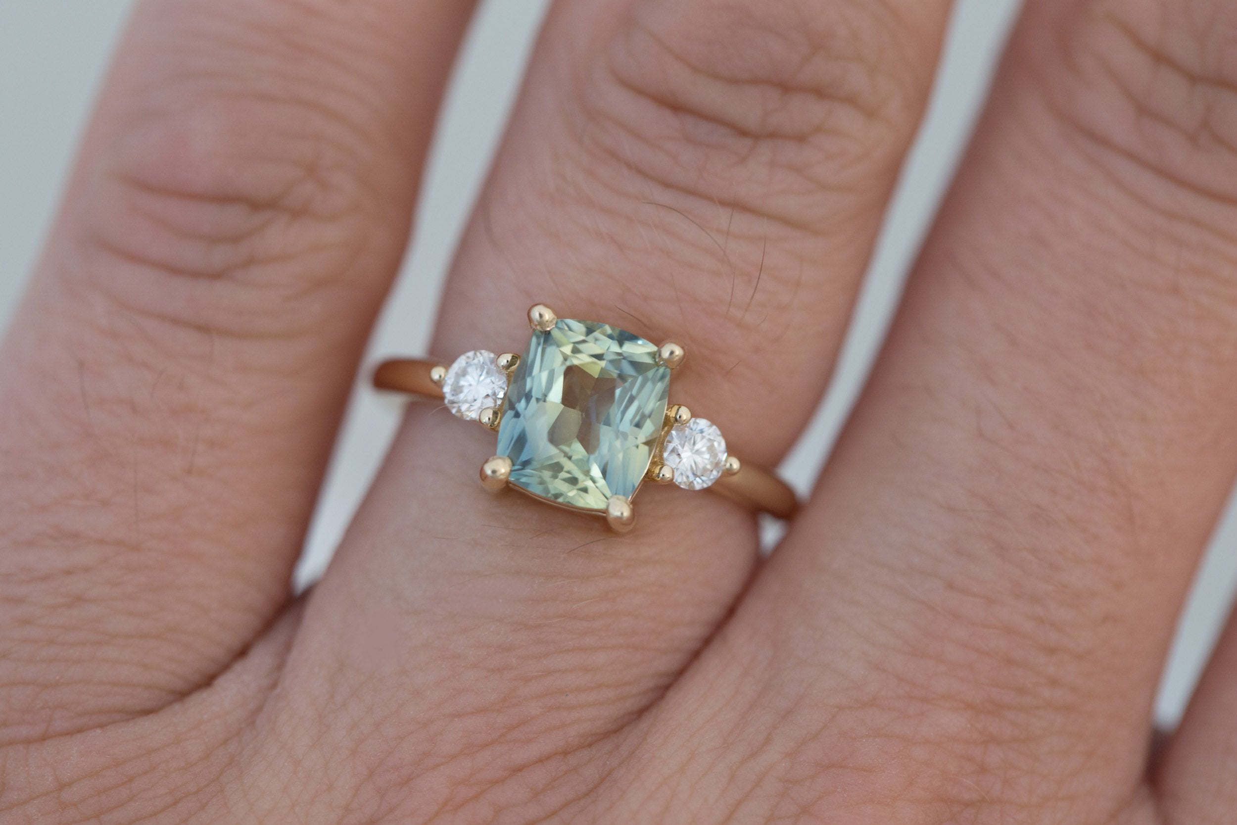 Maeve Ring | Bicolor Cushion Sapphire + Round Diamond Accent Engagement Ring 2.23 ct | 14k Recycled Gold | One of a Kind