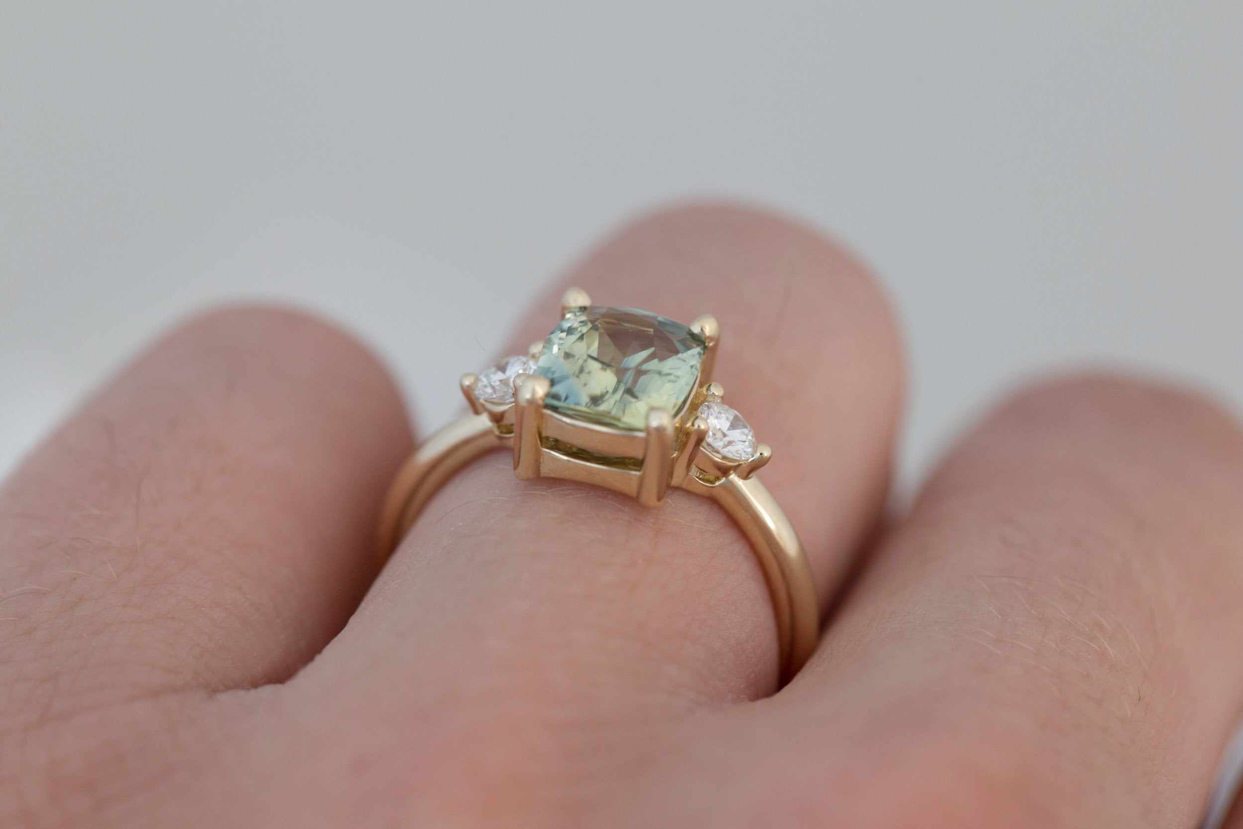 Maeve Ring | Bicolor Cushion Sapphire + Round Diamond Accent Engagement Ring 2.23 ct | 14k Recycled Gold | One of a Kind