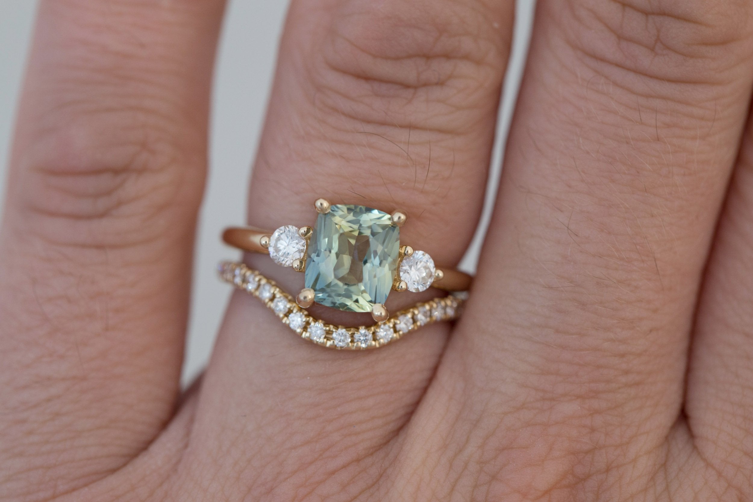 Maeve Ring | Bicolor Cushion Sapphire + Round Diamond Accent Engagement Ring 2.23 ct | 14k Recycled Gold | One of a Kind