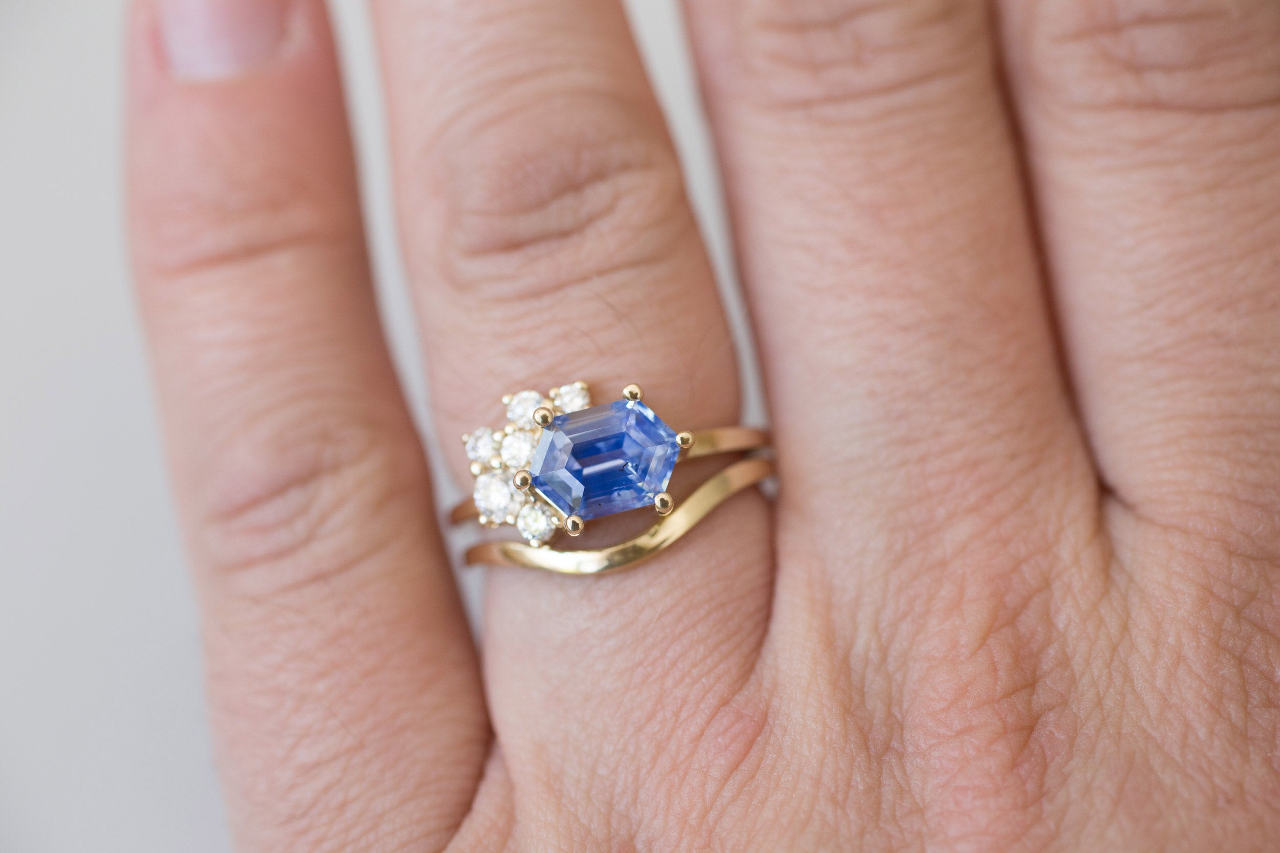 Elestren Ring | Hexagonal Blue Sapphire + Diamond Cluster Engagement Ring | 14k Recycled Gold | One of a Kind
