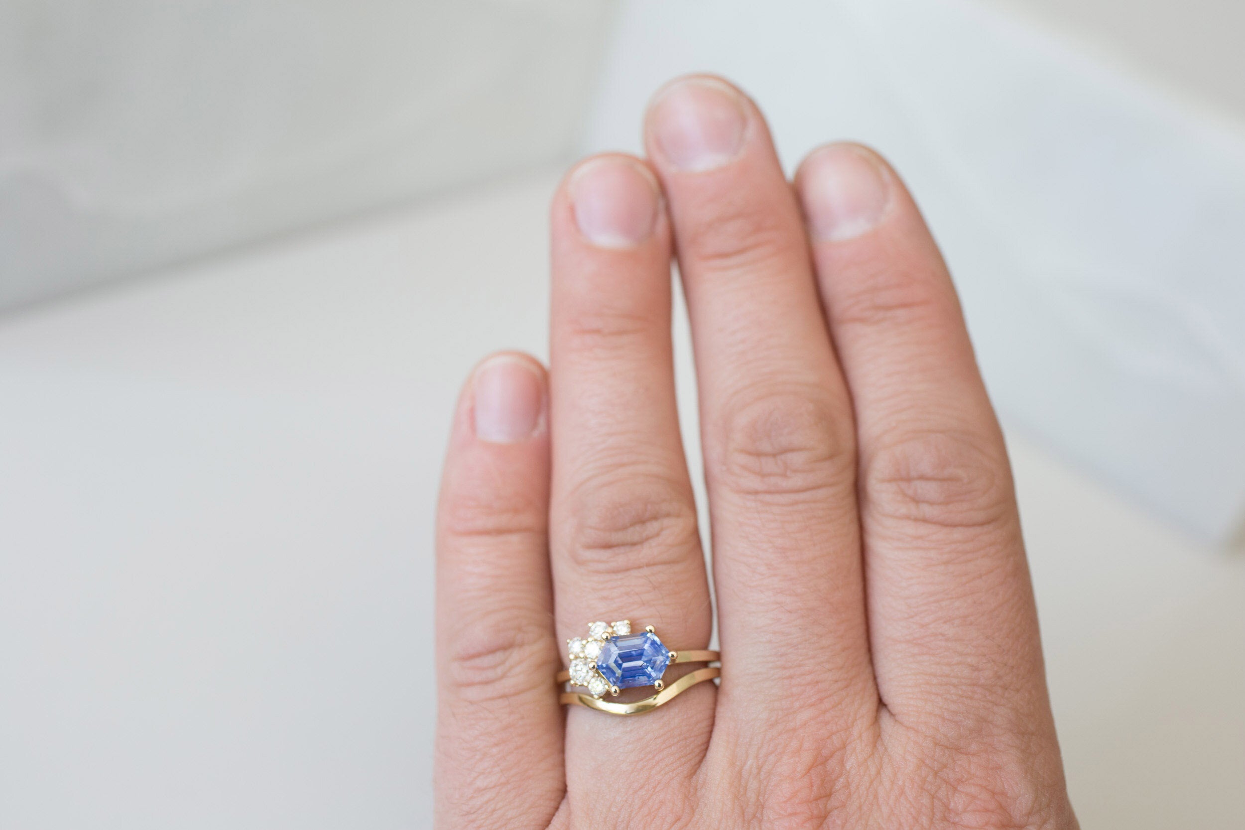 Elestren Ring | Hexagonal Blue Sapphire + Diamond Cluster Engagement Ring | 14k Recycled Gold | One of a Kind