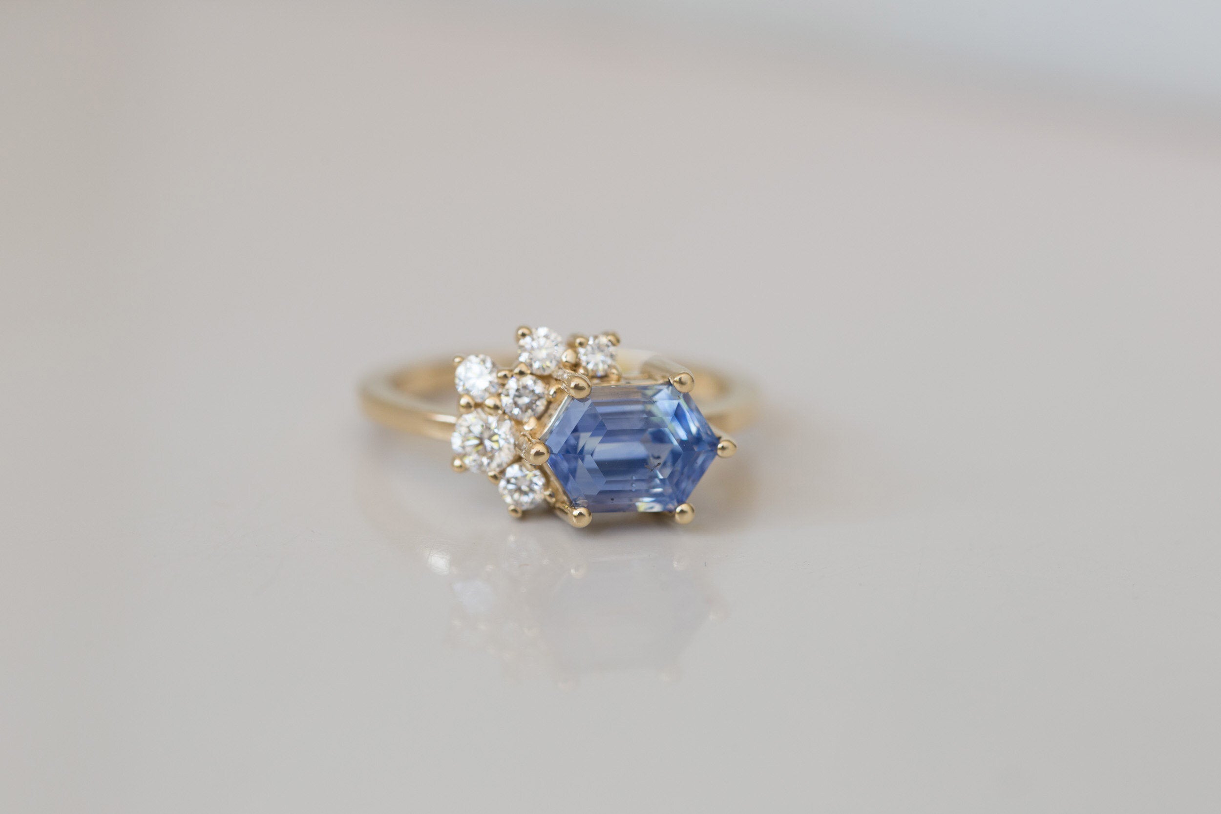 Elestren Ring | Hexagonal Blue Sapphire + Diamond Cluster Engagement Ring | 14k Recycled Gold | One of a Kind
