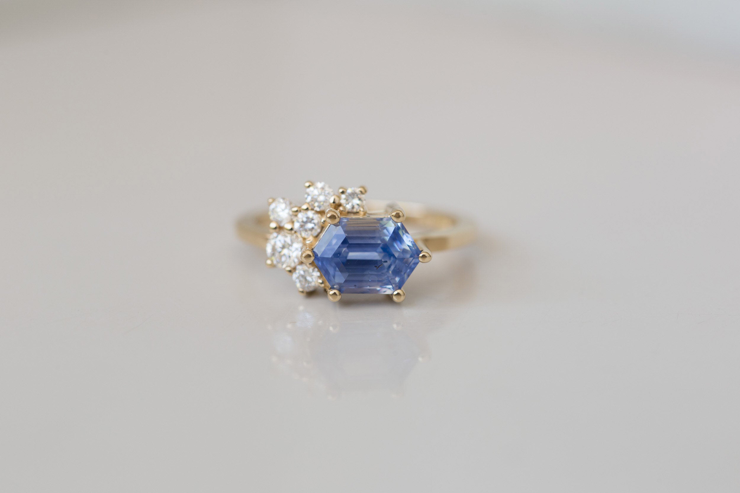 Elestren Ring | Hexagonal Blue Sapphire + Diamond Cluster Engagement Ring | 14k Recycled Gold | One of a Kind