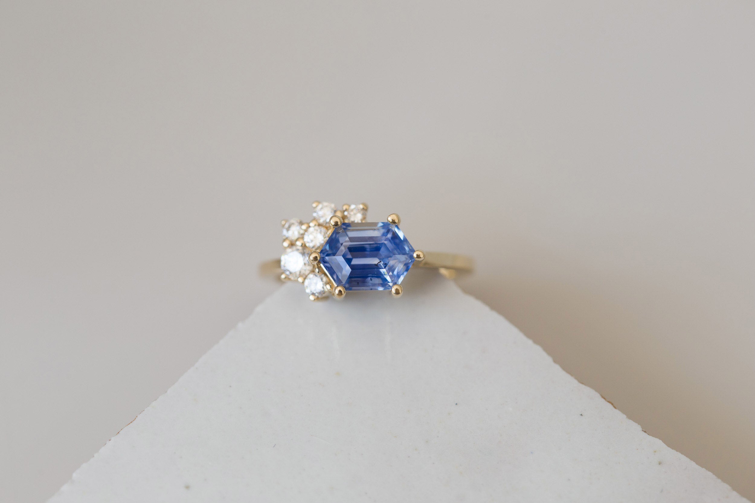 Elestren Ring | Hexagonal Blue Sapphire + Diamond Cluster Engagement Ring | 14k Recycled Gold | One of a Kind