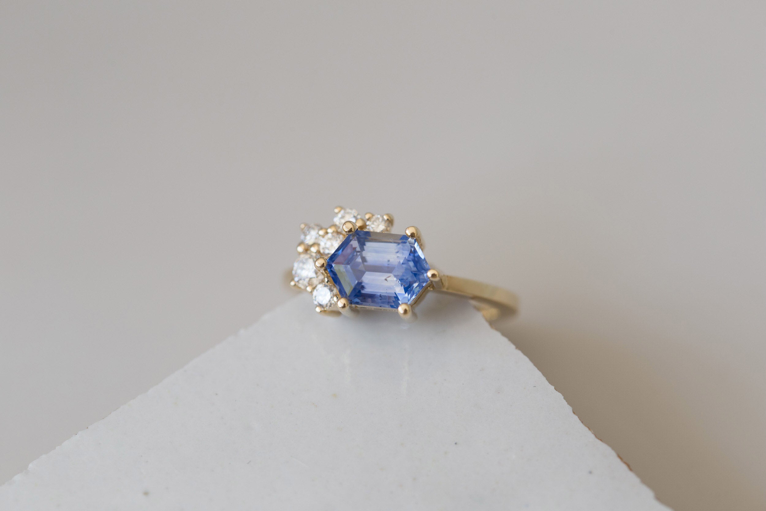 Elestren Ring | Hexagonal Blue Sapphire + Diamond Cluster Engagement Ring | 14k Recycled Gold | One of a Kind
