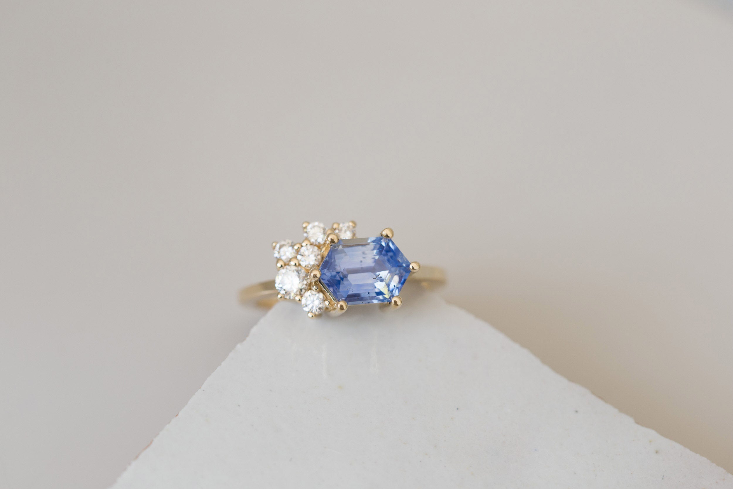 Elestren Ring | Hexagonal Blue Sapphire + Diamond Cluster Engagement Ring | 14k Recycled Gold | One of a Kind