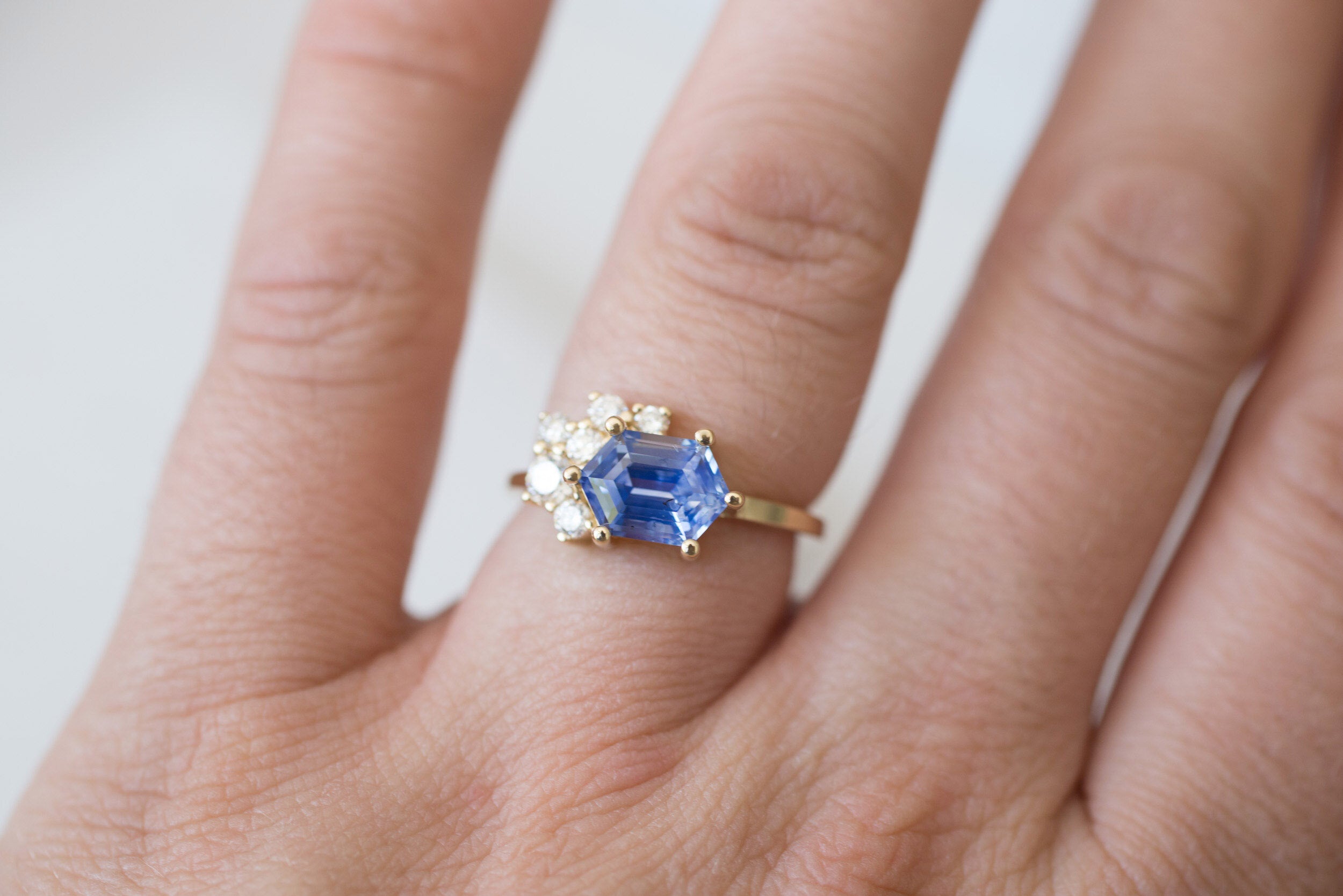 Elestren Ring | Hexagonal Blue Sapphire + Diamond Cluster Engagement Ring | 14k Recycled Gold | One of a Kind