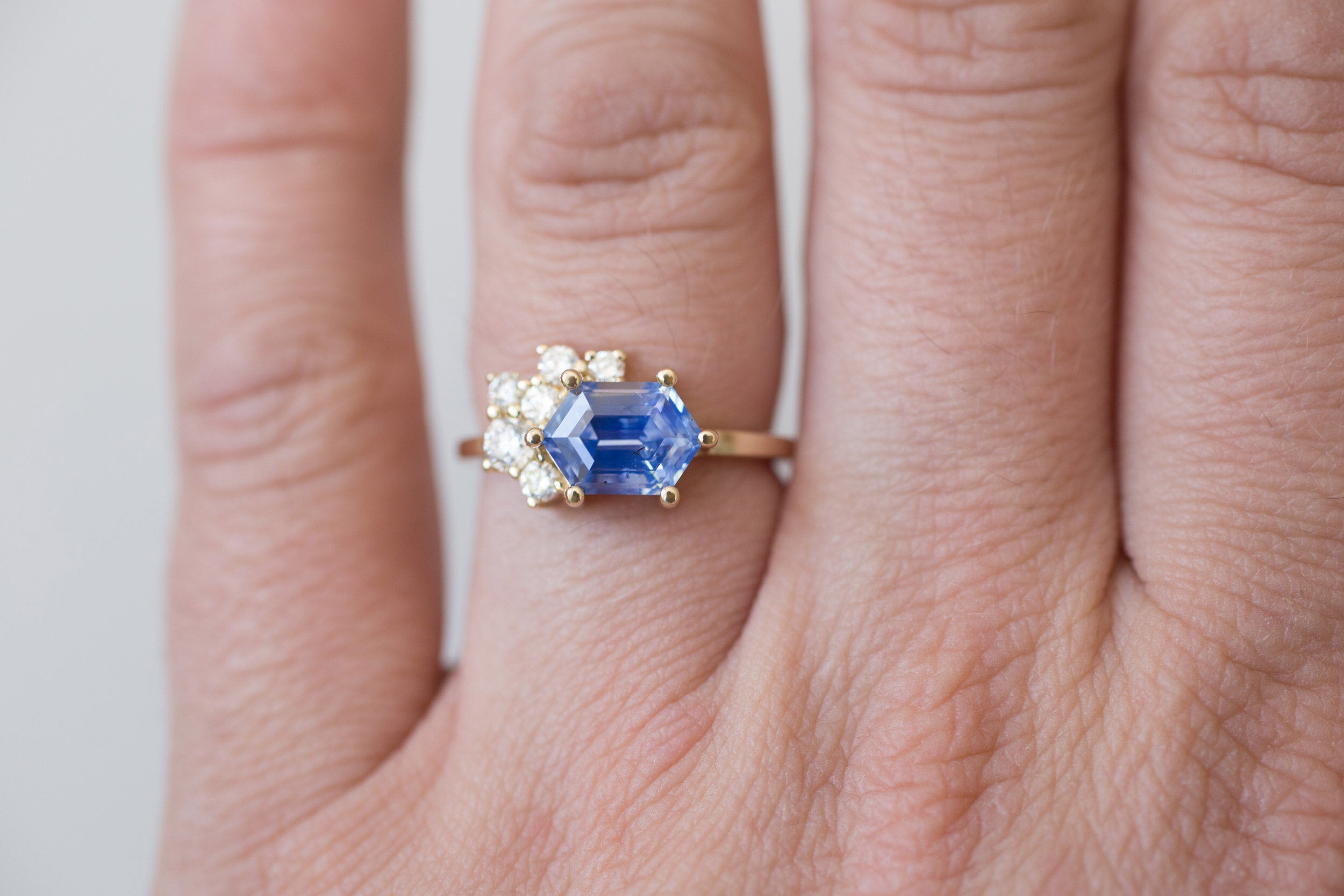 Elestren Ring | Hexagonal Blue Sapphire + Diamond Cluster Engagement Ring | 14k Recycled Gold | One of a Kind