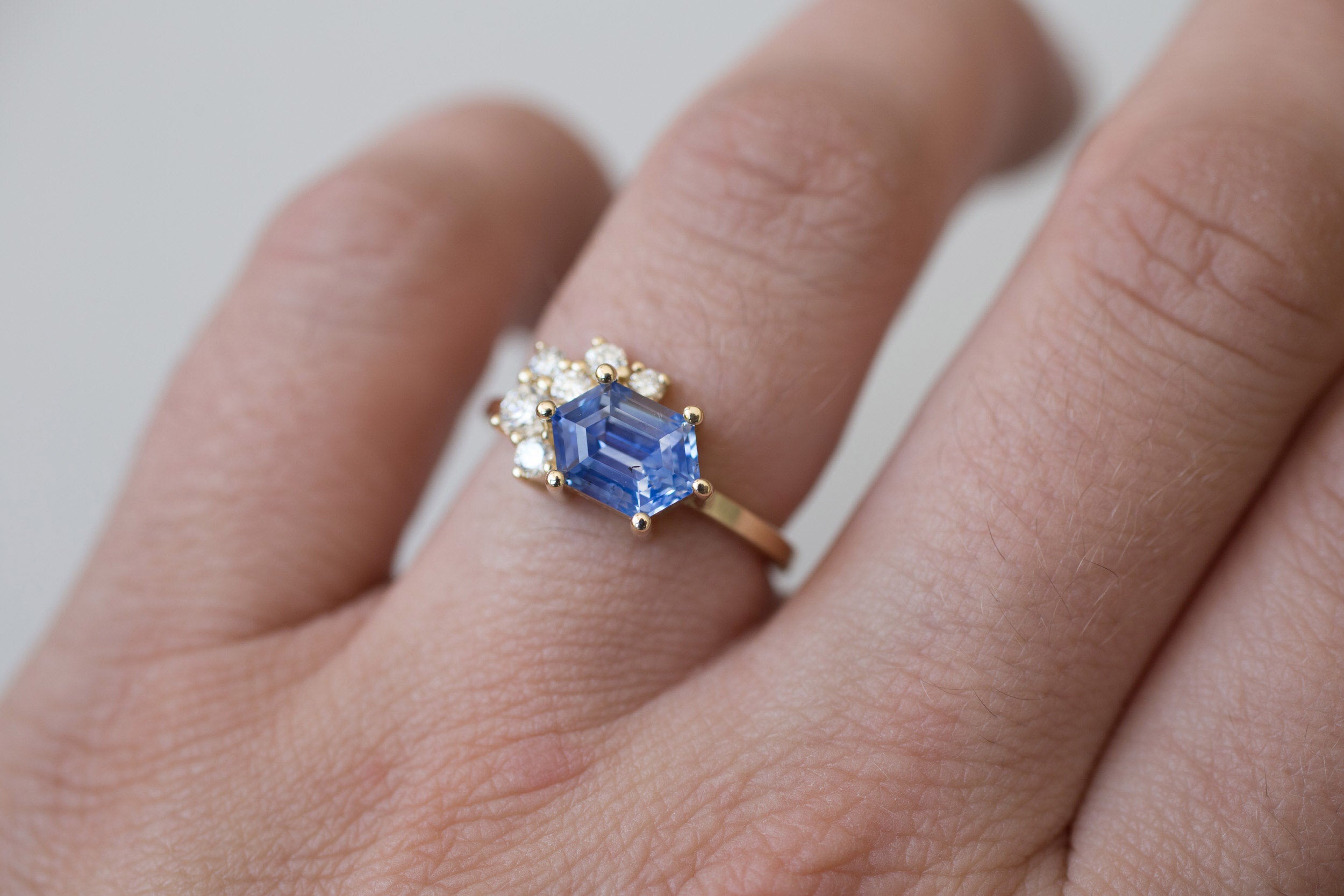 Elestren Ring | Hexagonal Blue Sapphire + Diamond Cluster Engagement Ring | 14k Recycled Gold | One of a Kind