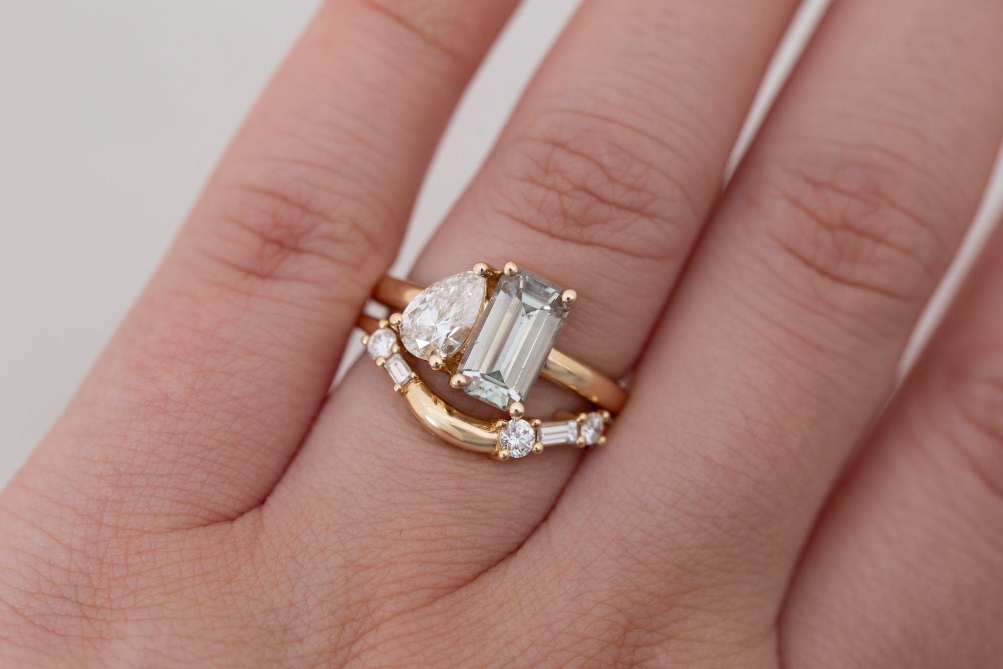 Liana Ring | Light Green Emerald Cut Sapphire + Pear Cut Diamond Engagement Ring 2.24 ct | 14k Recycled Gold | One of a Kind