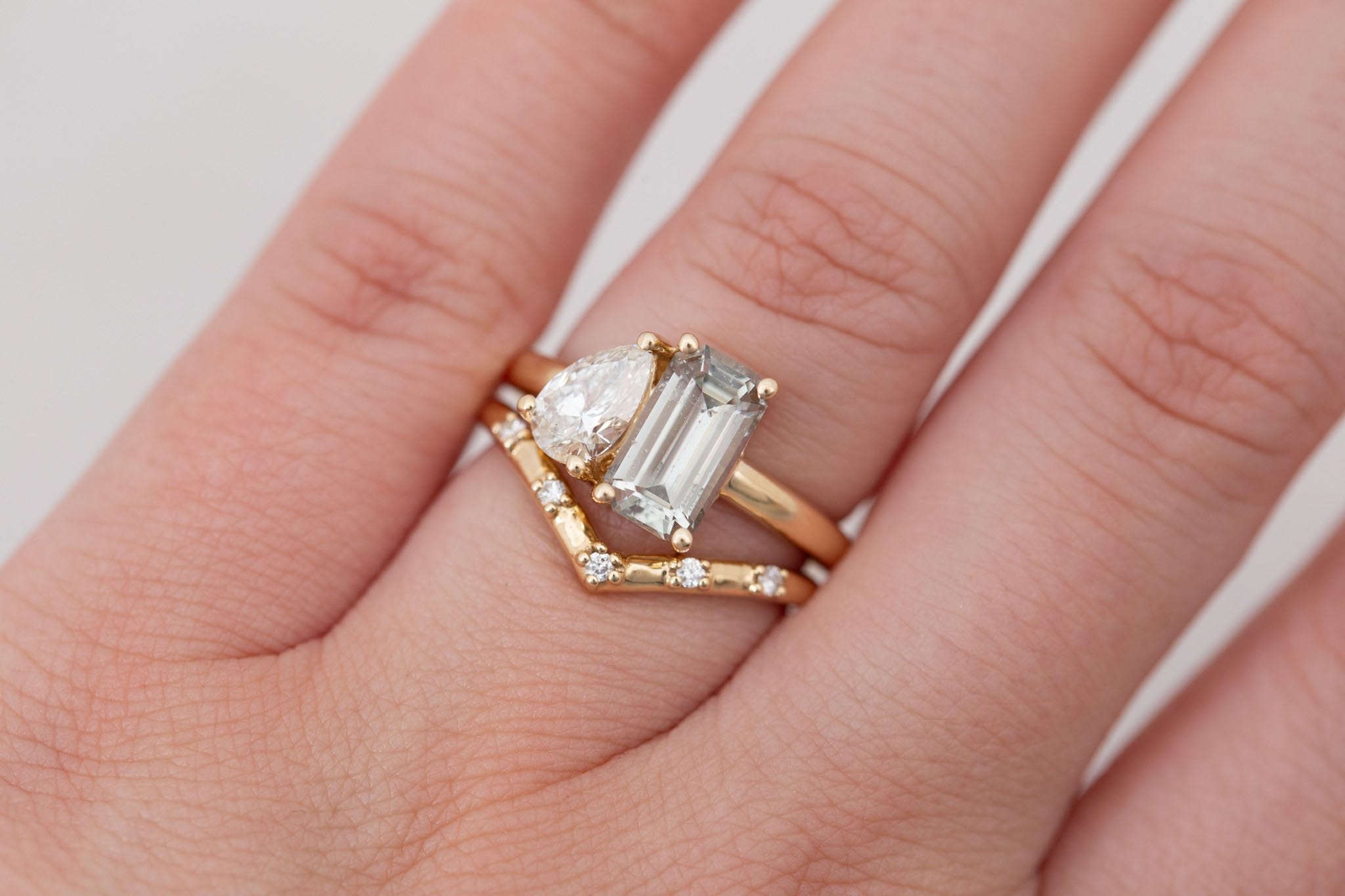 Liana Ring | Light Green Emerald Cut Sapphire + Pear Cut Diamond Engagement Ring 2.24 ct | 14k Recycled Gold | One of a Kind
