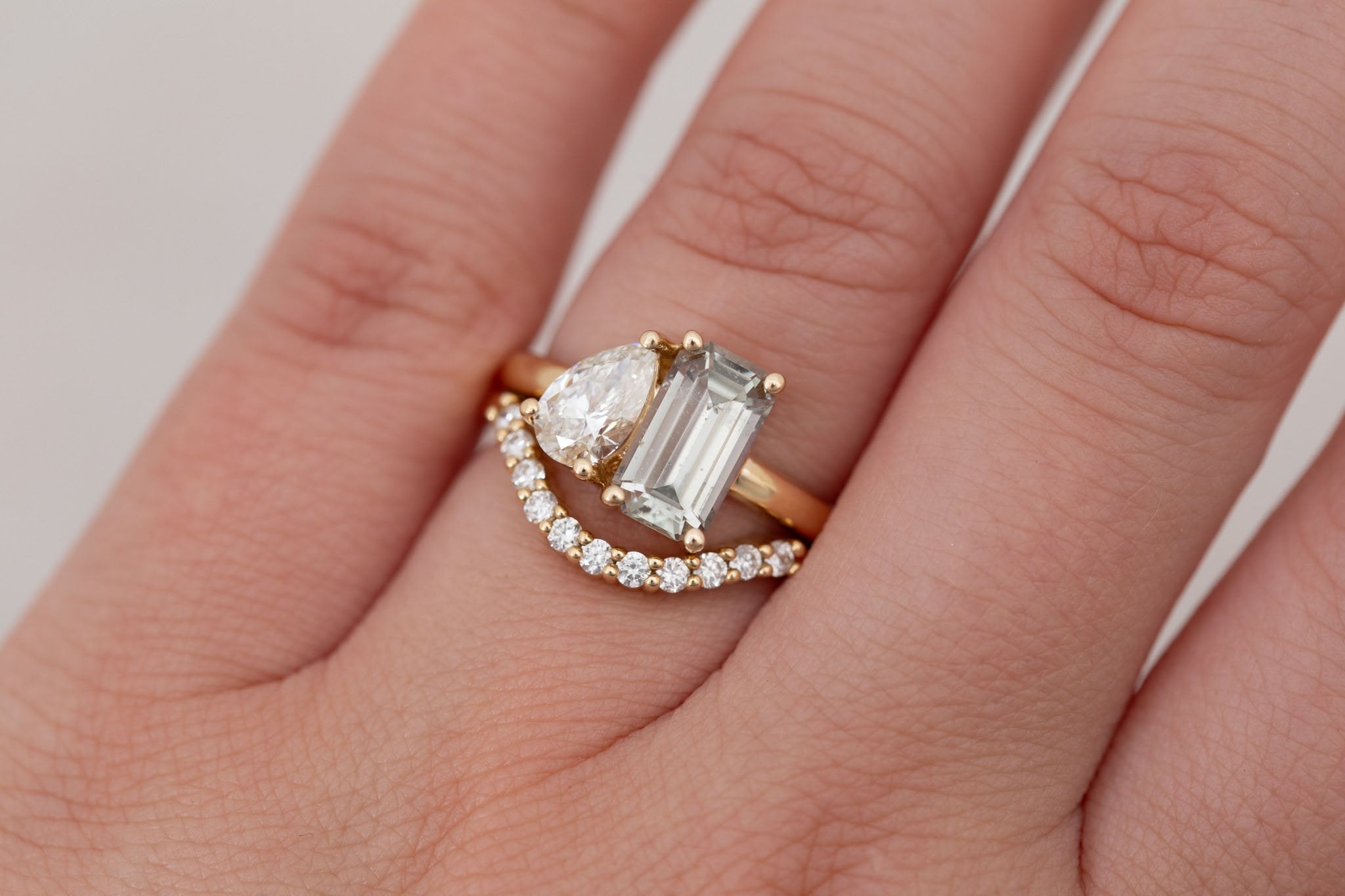 Liana Ring | Light Green Emerald Cut Sapphire + Pear Cut Diamond Engagement Ring 2.24 ct | 14k Recycled Gold | One of a Kind