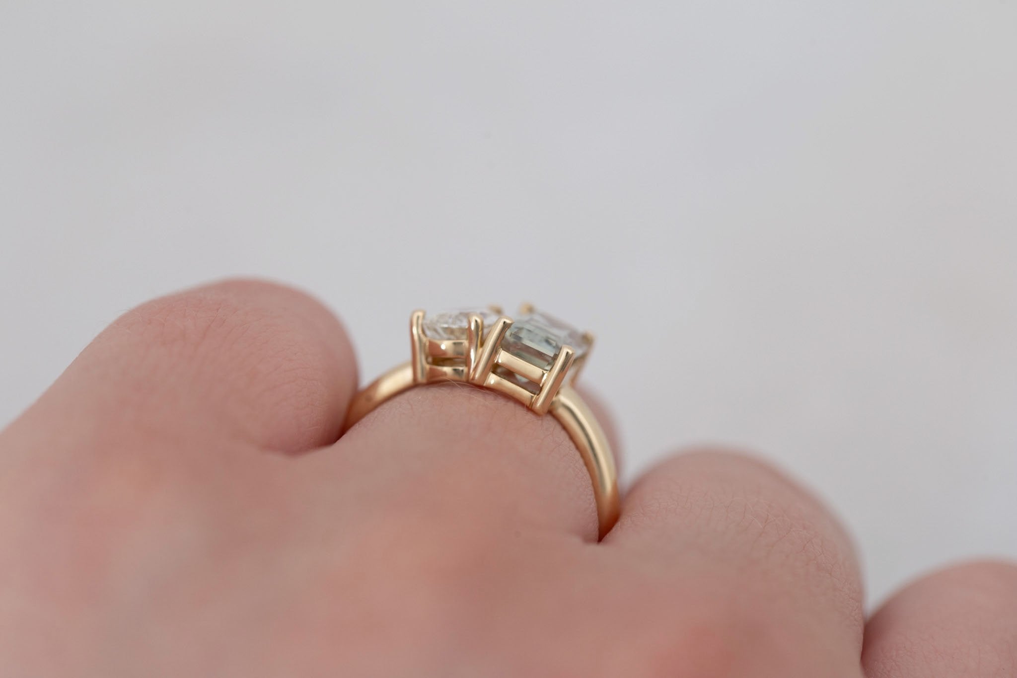 Liana Ring | Light Green Emerald Cut Sapphire + Pear Cut Diamond Engagement Ring 2.24 ct | 14k Recycled Gold | One of a Kind