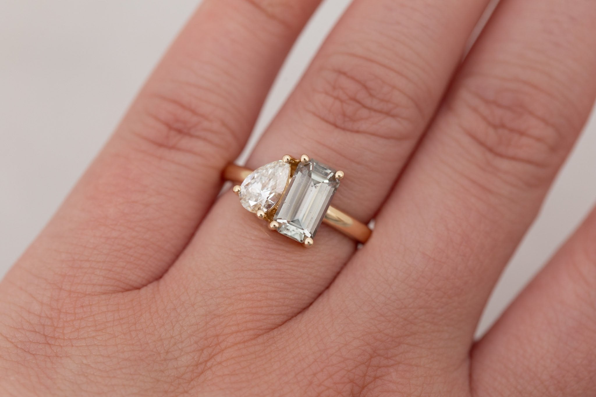 Liana Ring | Light Green Emerald Cut Sapphire + Pear Cut Diamond Engagement Ring 2.24 ct | 14k Recycled Gold | One of a Kind