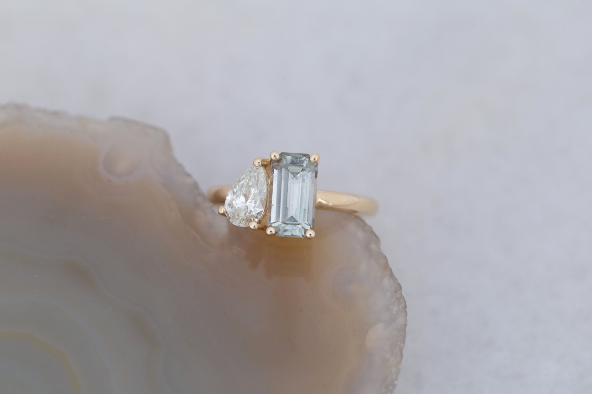 Liana Ring | Light Green Emerald Cut Sapphire + Pear Cut Diamond Engagement Ring 2.24 ct | 14k Recycled Gold | One of a Kind