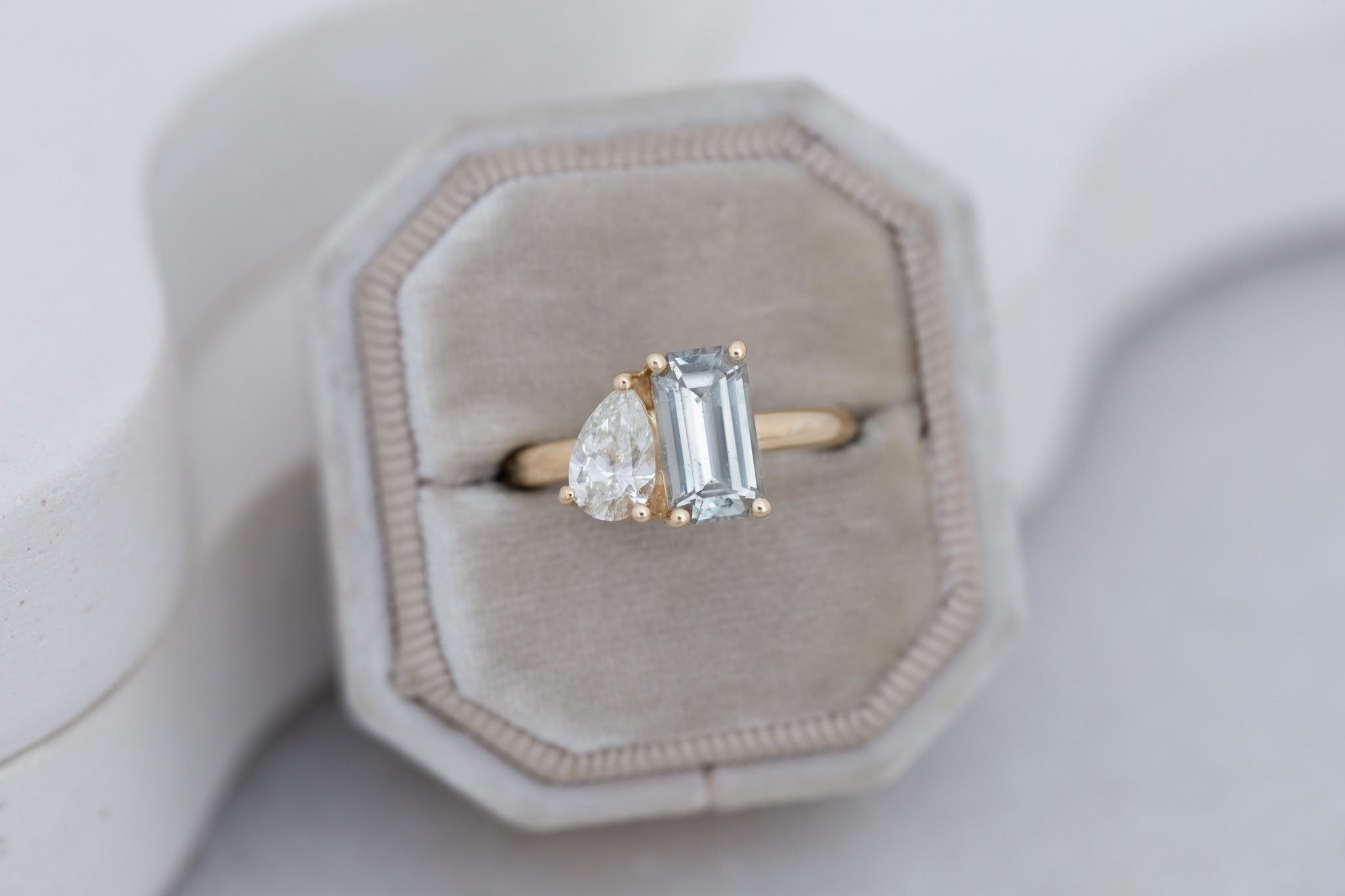 Liana Ring | Light Green Emerald Cut Sapphire + Pear Cut Diamond Engagement Ring 2.24 ct | 14k Recycled Gold | One of a Kind