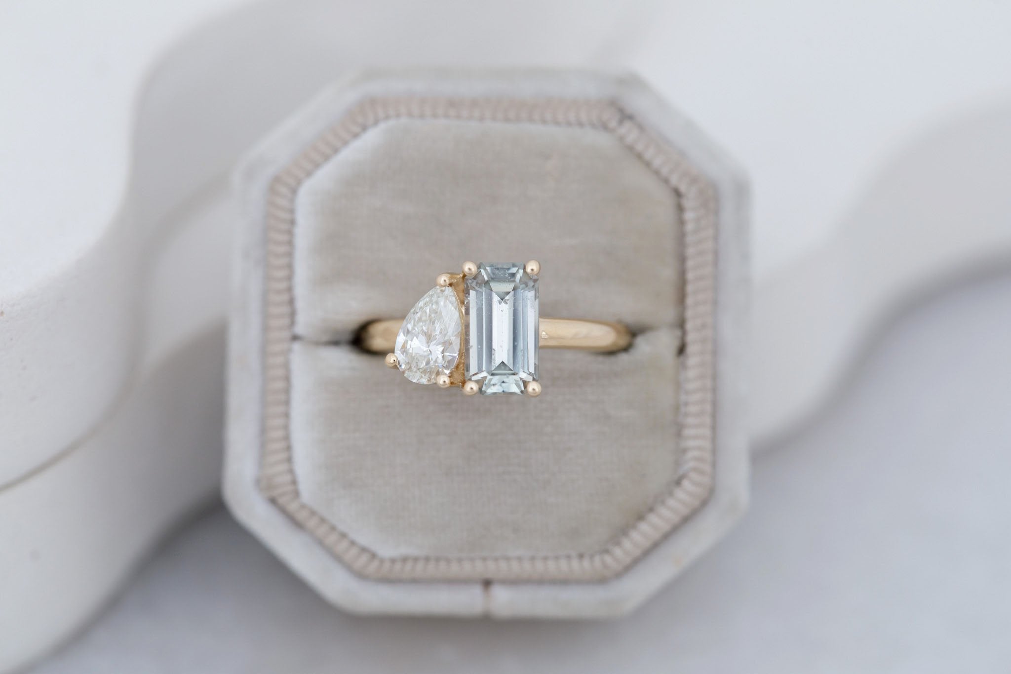 Liana Ring | Light Green Emerald Cut Sapphire + Pear Cut Diamond Engagement Ring 2.24 ct | 14k Recycled Gold | One of a Kind
