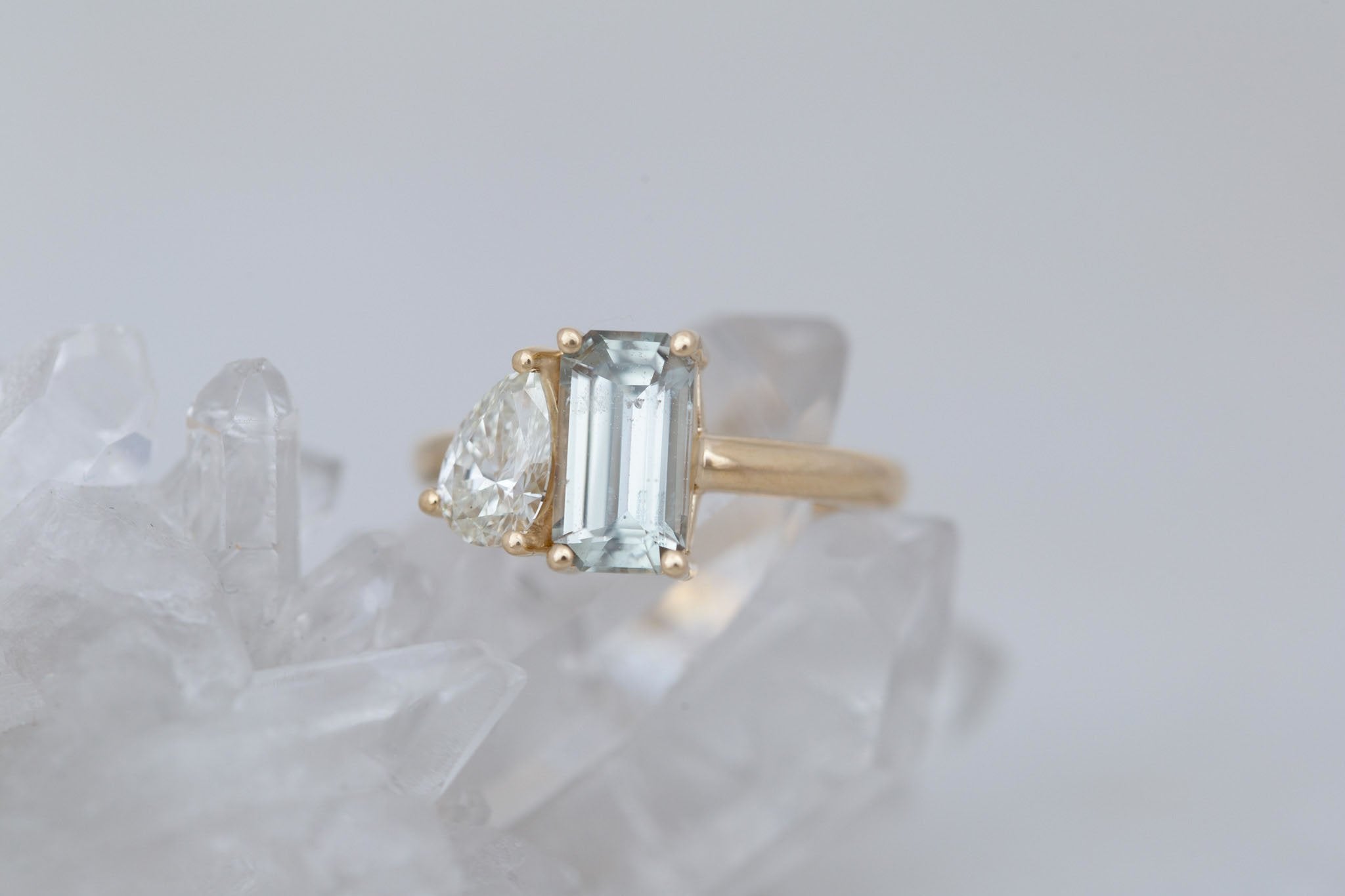 Liana Ring | Light Green Emerald Cut Sapphire + Pear Cut Diamond Engagement Ring 2.24 ct | 14k Recycled Gold | One of a Kind