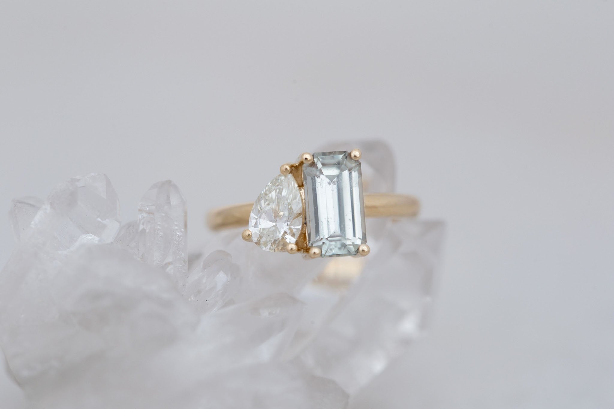 Liana Ring | Light Green Emerald Cut Sapphire + Pear Cut Diamond Engagement Ring 2.24 ct | 14k Recycled Gold | One of a Kind