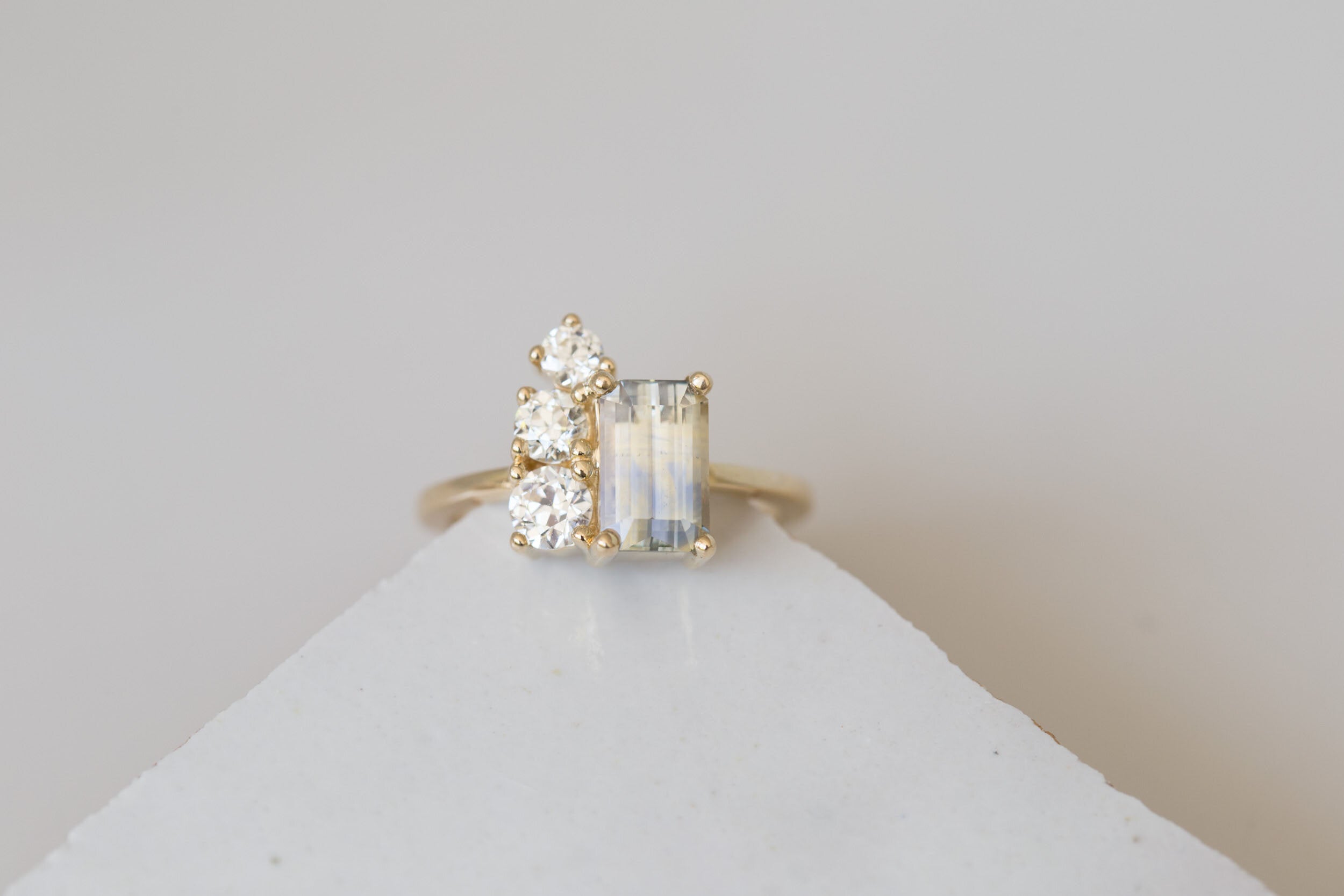 Adra Ring | Bicolor Emerald Cut Sapphire + Old European Cut Diamond Cluster Engagement Ring 2.32 ct | 14k Recycled Gold | One of a Kind