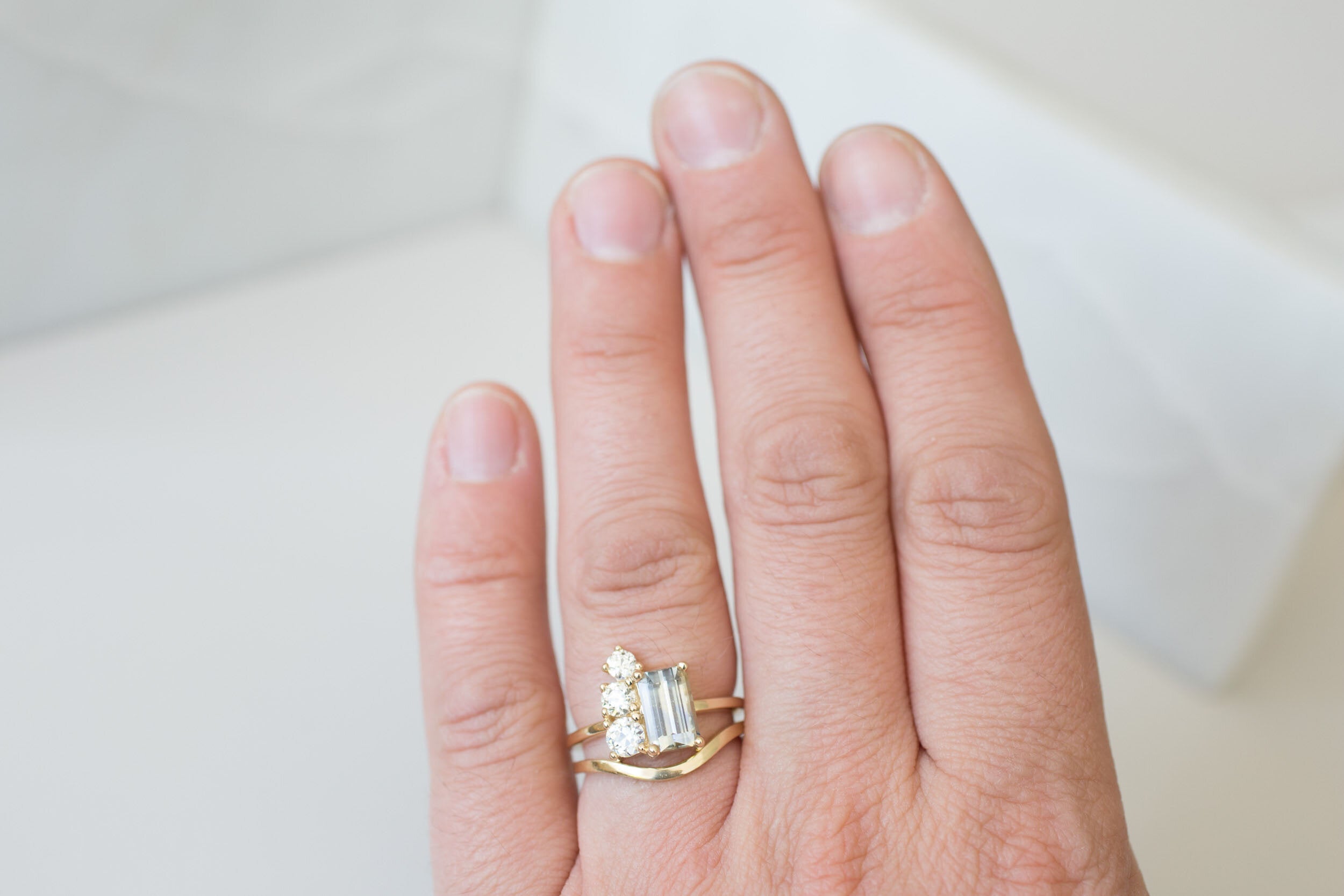 Adra Ring | Bicolor Emerald Cut Sapphire + Old European Cut Diamond Cluster Engagement Ring 2.32 ct | 14k Recycled Gold | One of a Kind