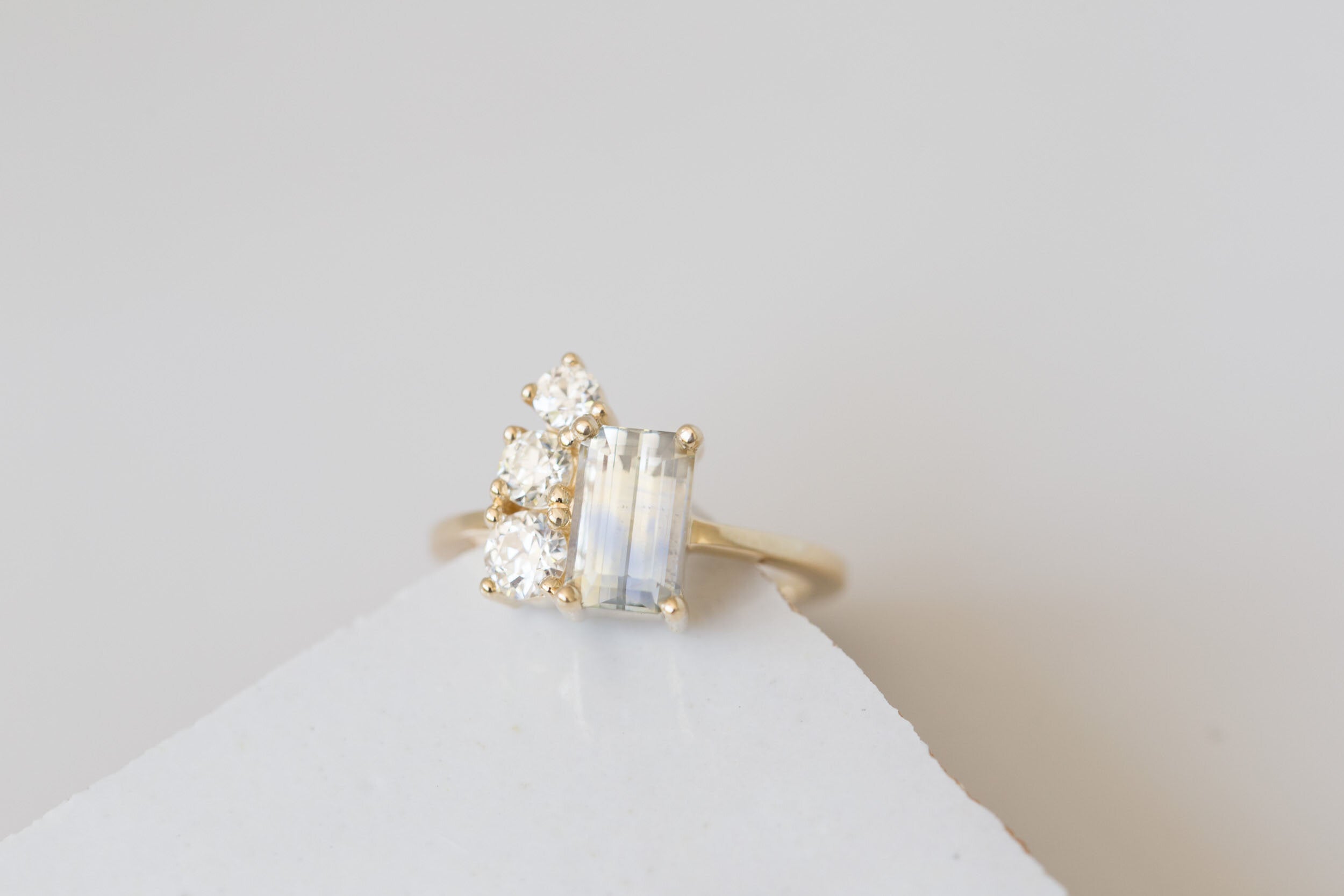 Adra Ring | Bicolor Emerald Cut Sapphire + Old European Cut Diamond Cluster Engagement Ring 2.32 ct | 14k Recycled Gold | One of a Kind