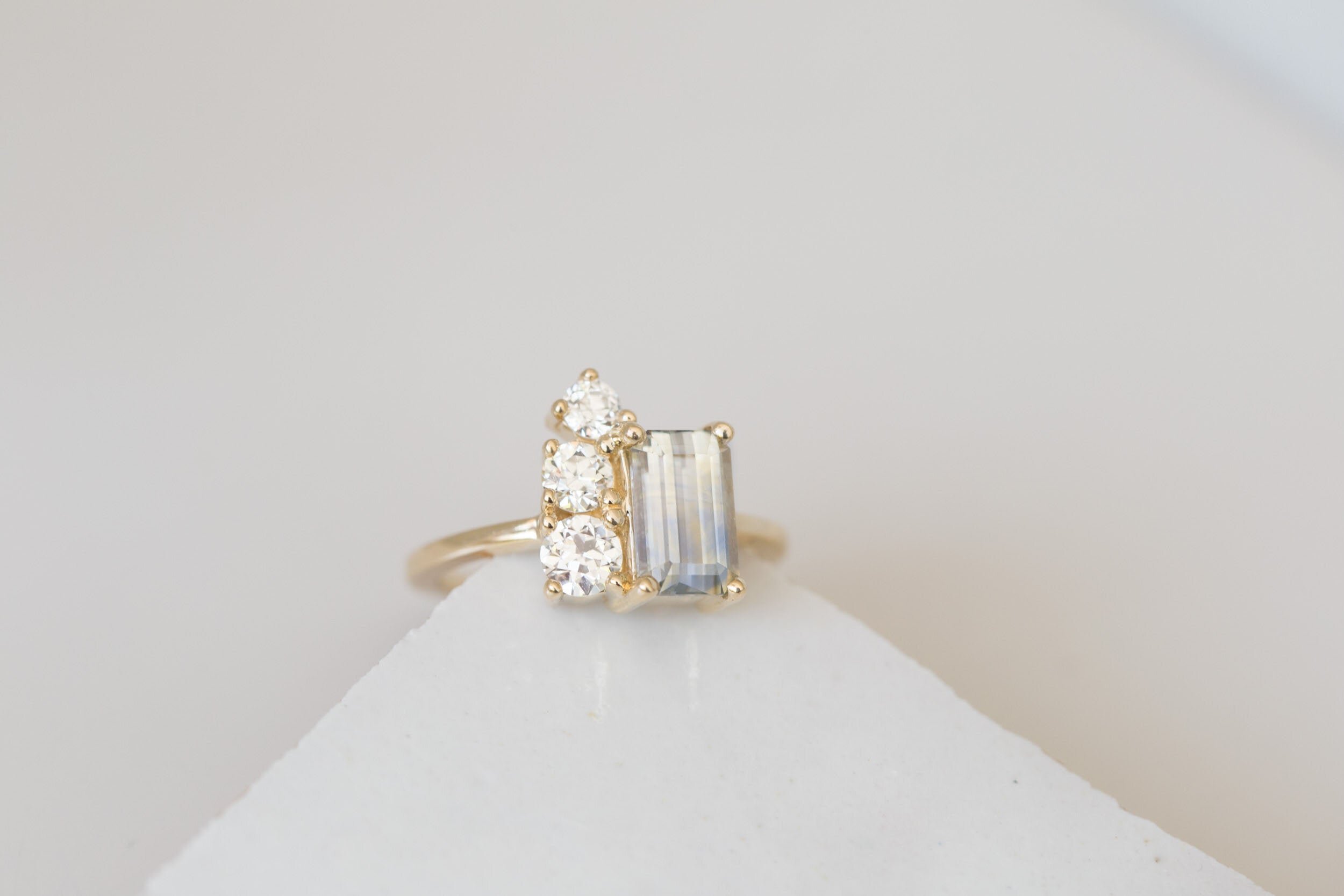 Adra Ring | Bicolor Emerald Cut Sapphire + Old European Cut Diamond Cluster Engagement Ring 2.32 ct | 14k Recycled Gold | One of a Kind