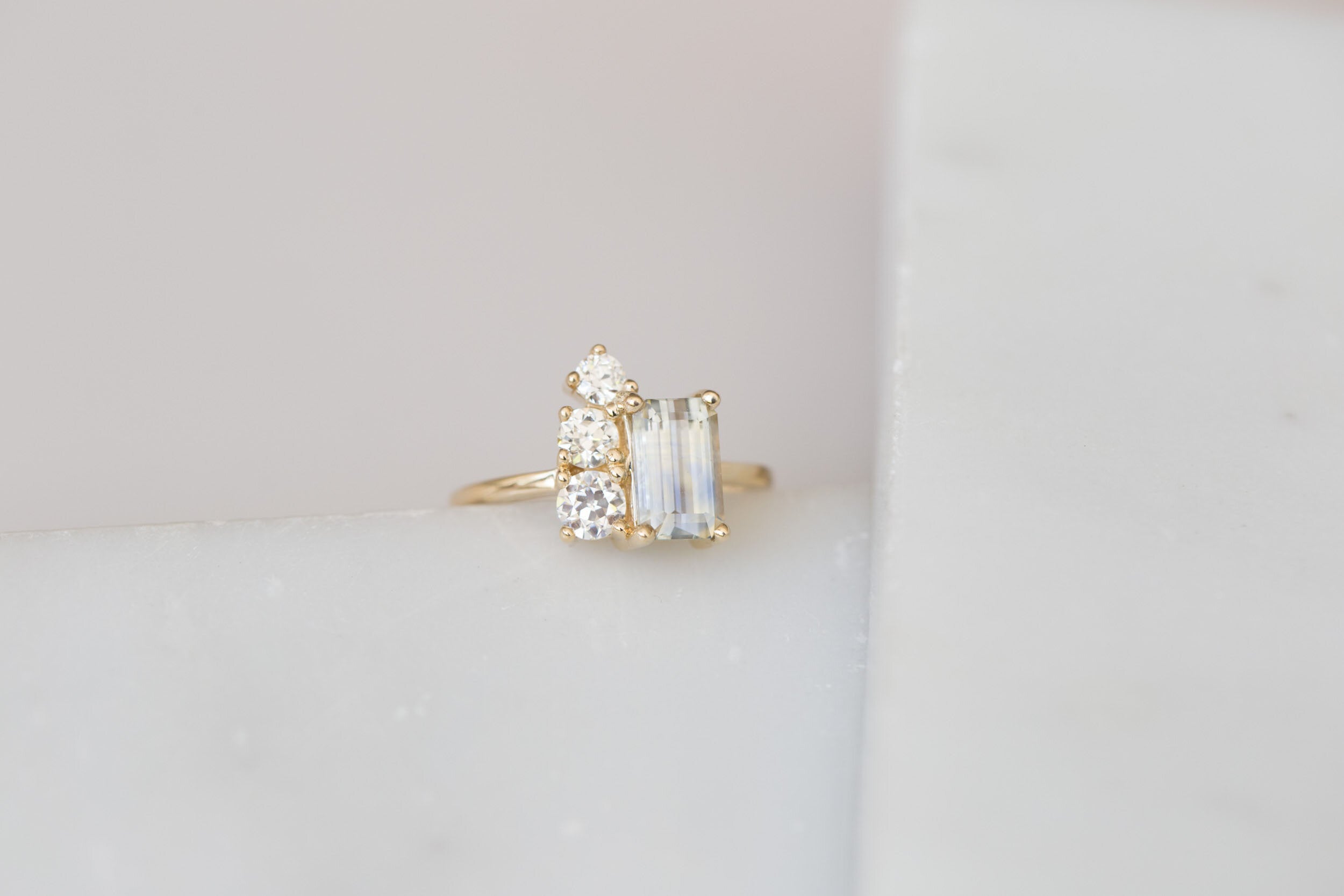 Adra Ring | Bicolor Emerald Cut Sapphire + Old European Cut Diamond Cluster Engagement Ring 2.32 ct | 14k Recycled Gold | One of a Kind