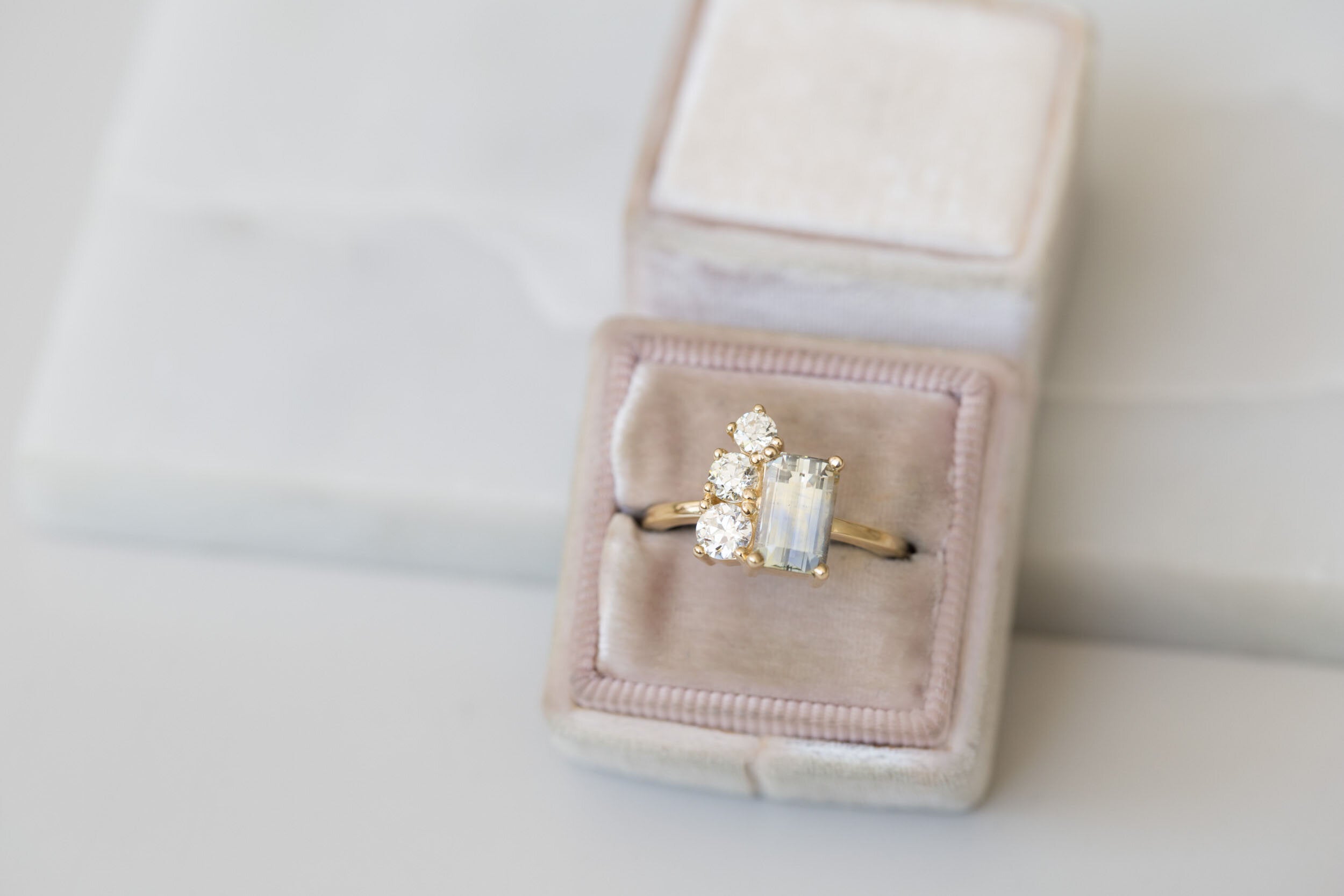 Adra Ring | Bicolor Emerald Cut Sapphire + Old European Cut Diamond Cluster Engagement Ring 2.32 ct | 14k Recycled Gold | One of a Kind