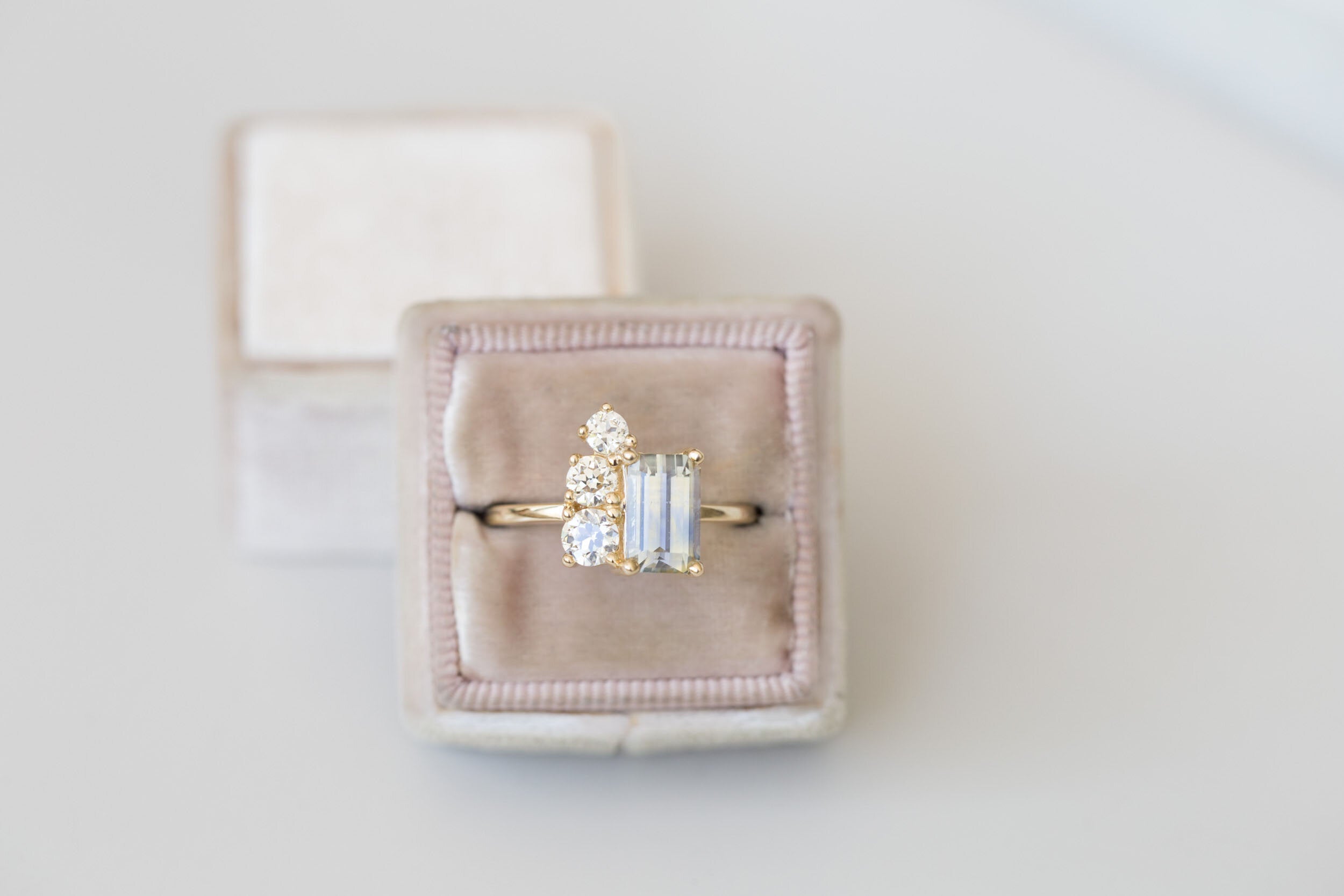 Adra Ring | Bicolor Emerald Cut Sapphire + Old European Cut Diamond Cluster Engagement Ring 2.32 ct | 14k Recycled Gold | One of a Kind