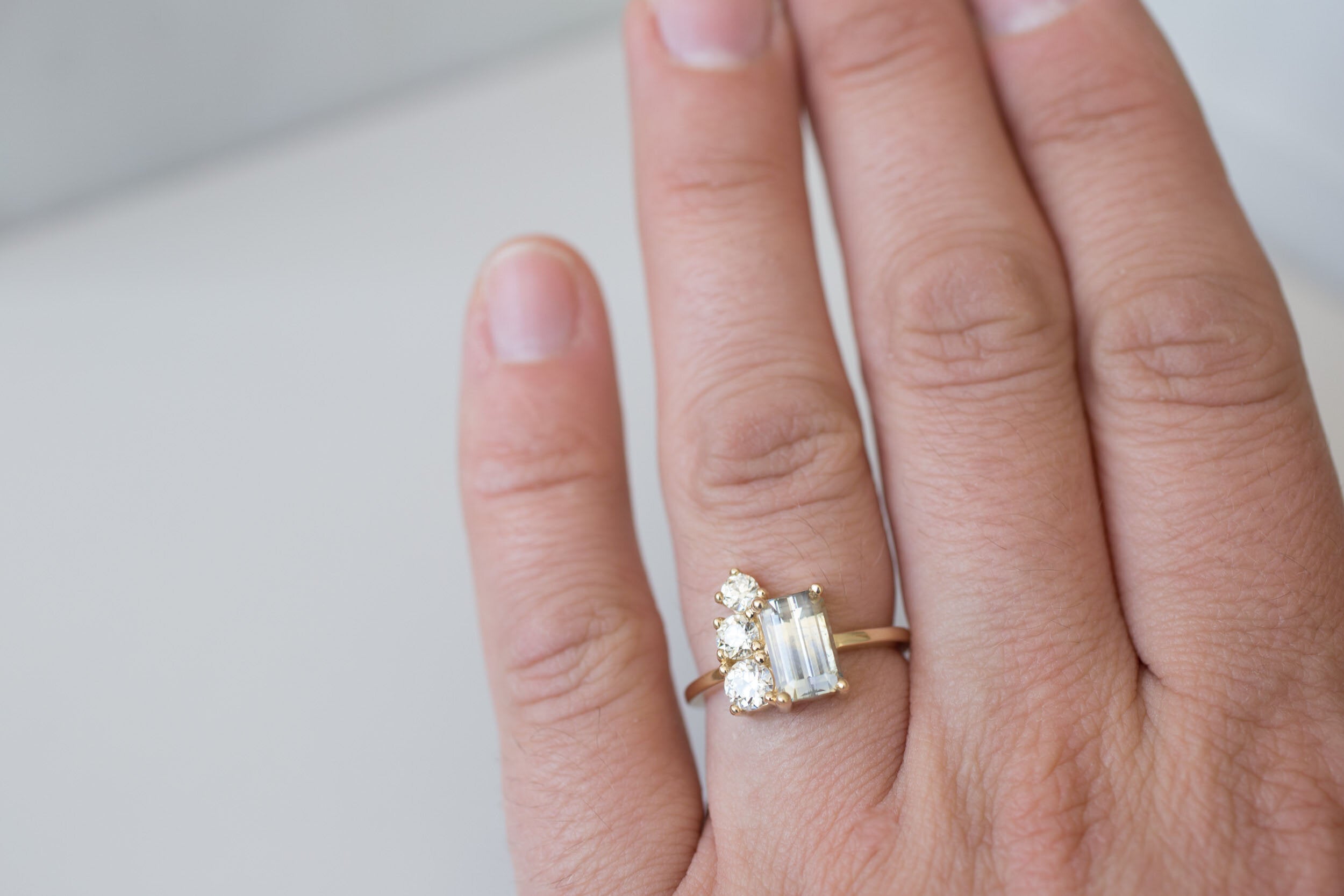 Adra Ring | Bicolor Emerald Cut Sapphire + Old European Cut Diamond Cluster Engagement Ring 2.32 ct | 14k Recycled Gold | One of a Kind