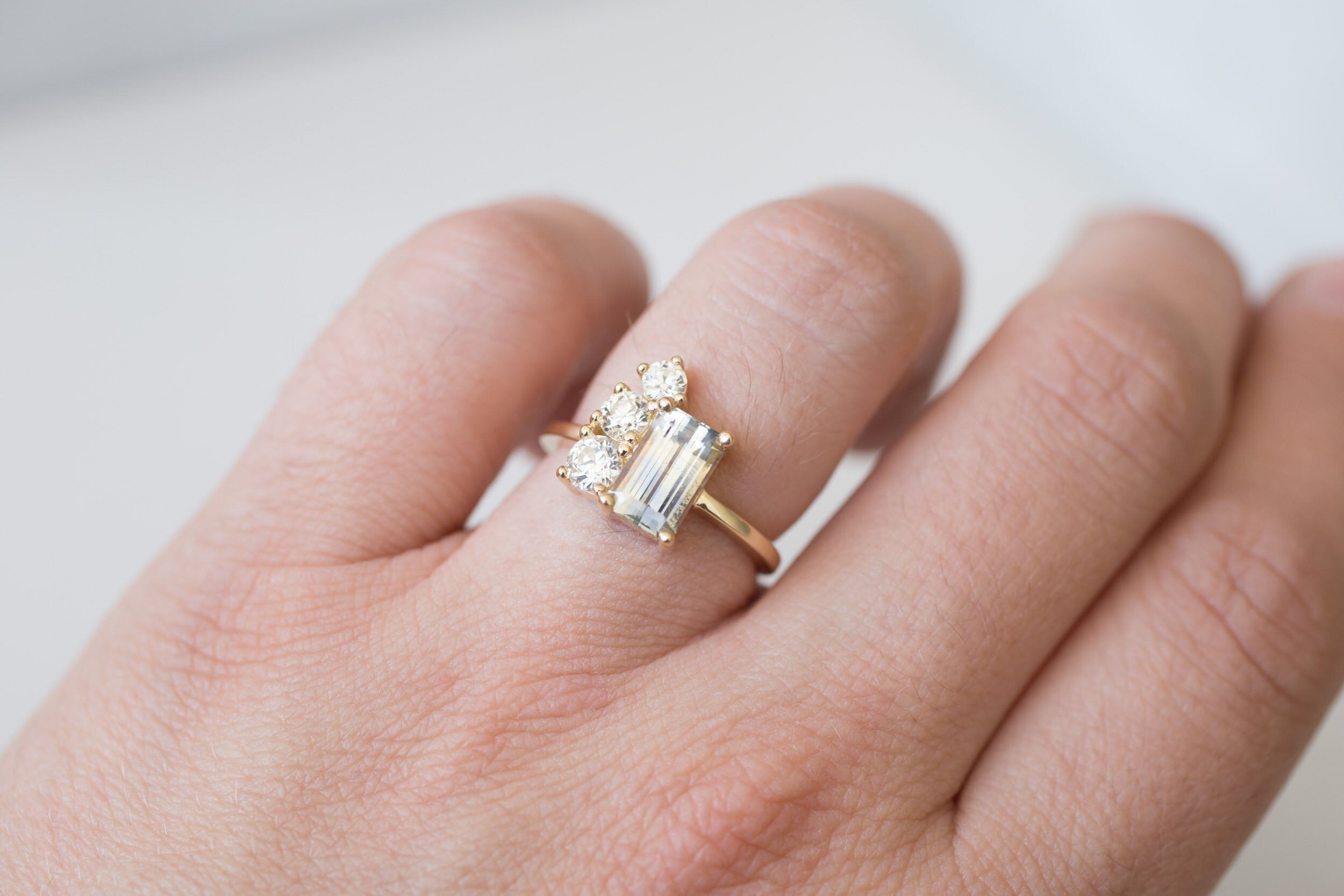 Adra Ring | Bicolor Emerald Cut Sapphire + Old European Cut Diamond Cluster Engagement Ring 2.32 ct | 14k Recycled Gold | One of a Kind