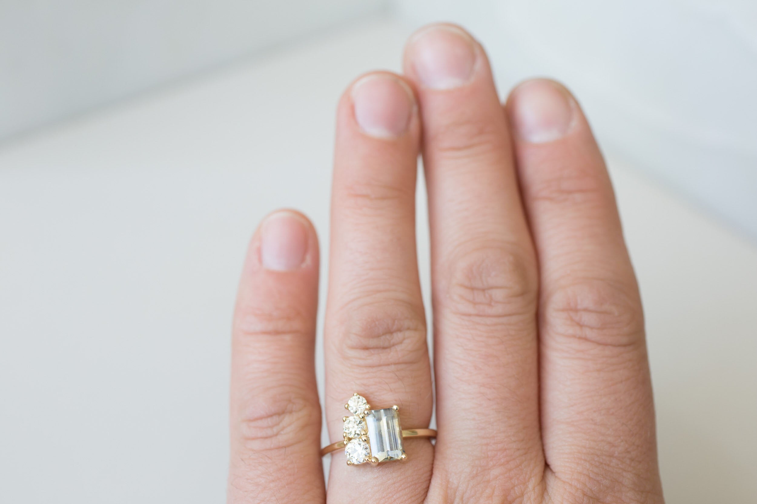 Adra Ring | Bicolor Emerald Cut Sapphire + Old European Cut Diamond Cluster Engagement Ring 2.32 ct | 14k Recycled Gold | One of a Kind