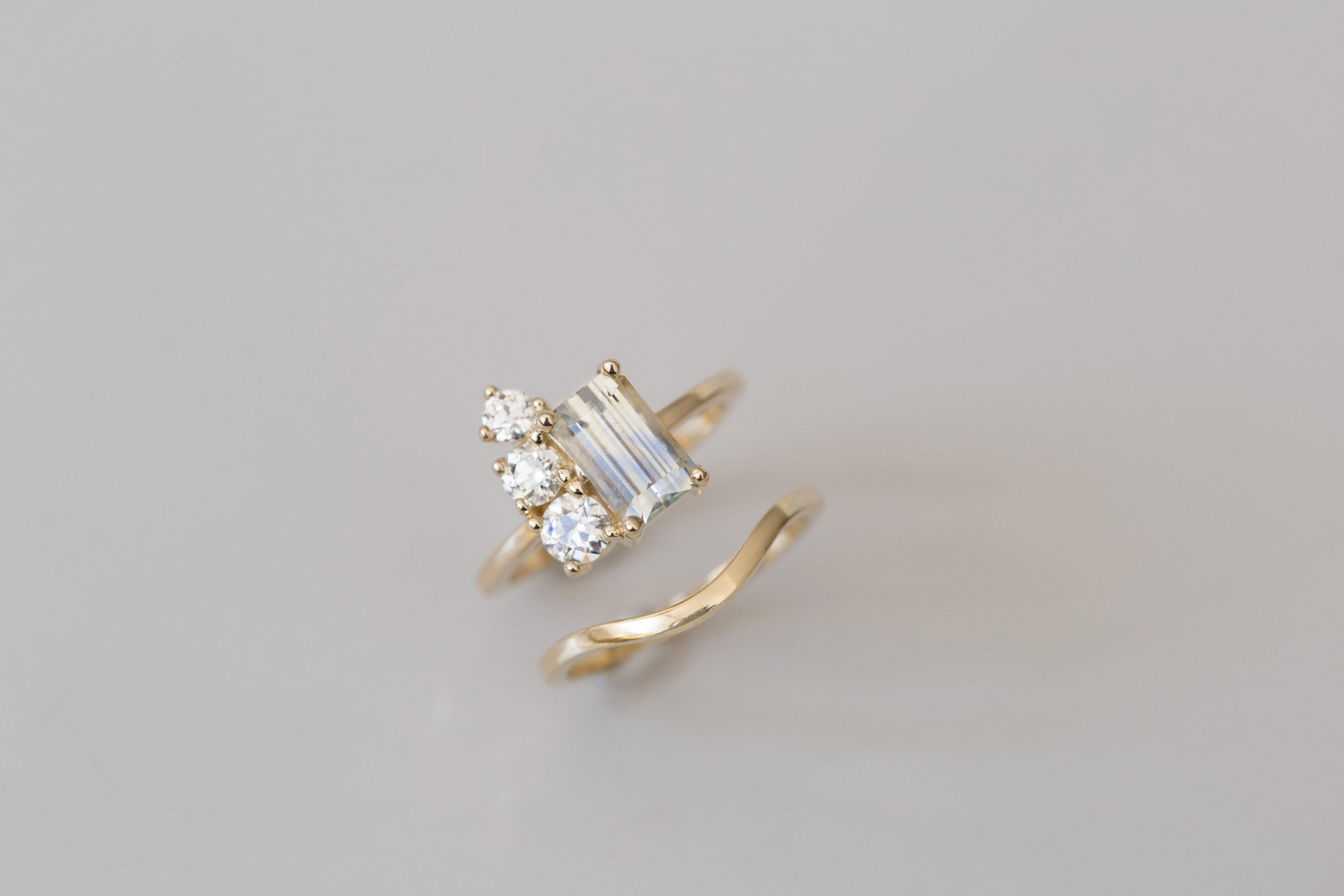 Adra Ring | Bicolor Emerald Cut Sapphire + Old European Cut Diamond Cluster Engagement Ring 2.32 ct | 14k Recycled Gold | One of a Kind